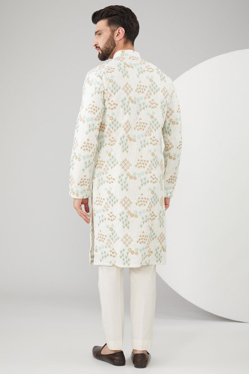 White Silk Thread Work Chikankari Kurta - kasbahmen