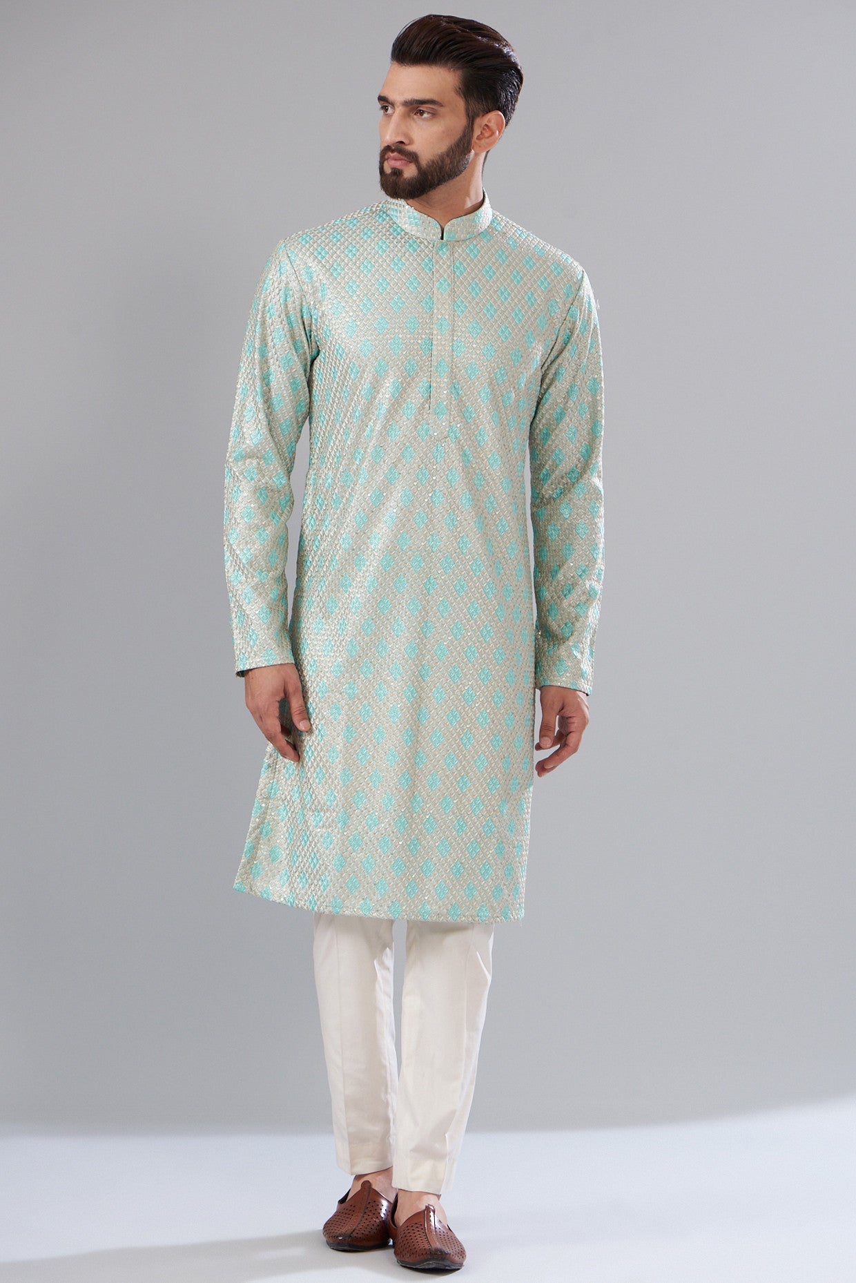 aqua-silver thread work kurta - kasbahmen