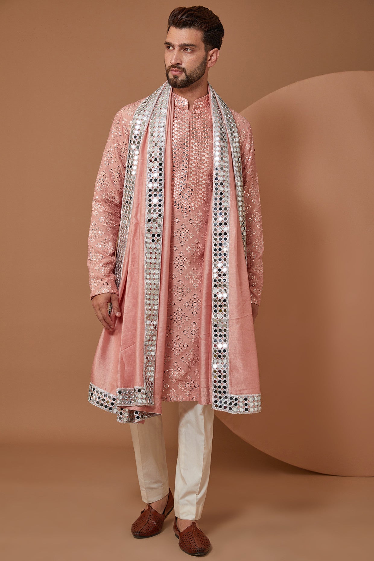 Peach Mirror work Kurta with Stole - kasbahmen