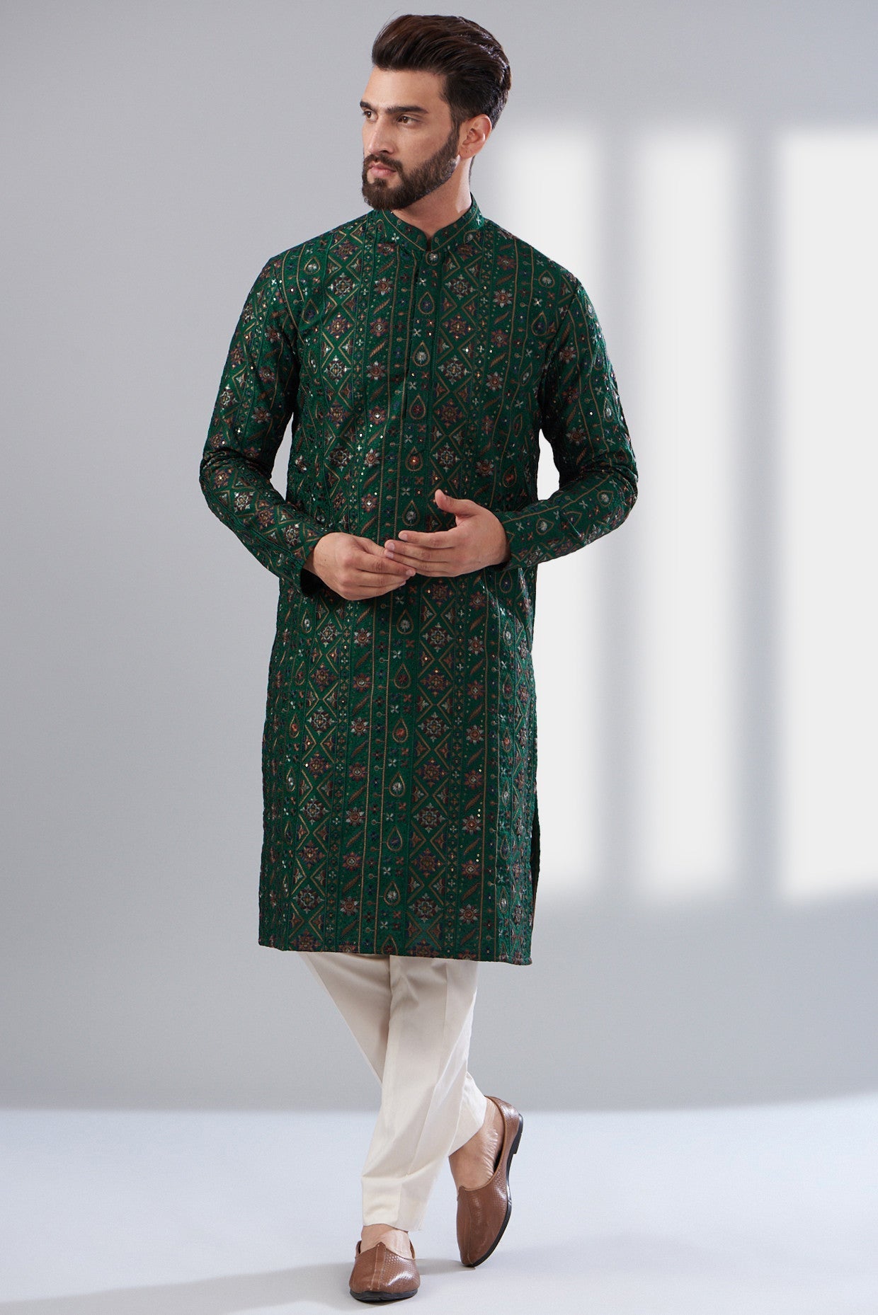 Bottle green multi thread work kurta - kasbahmen