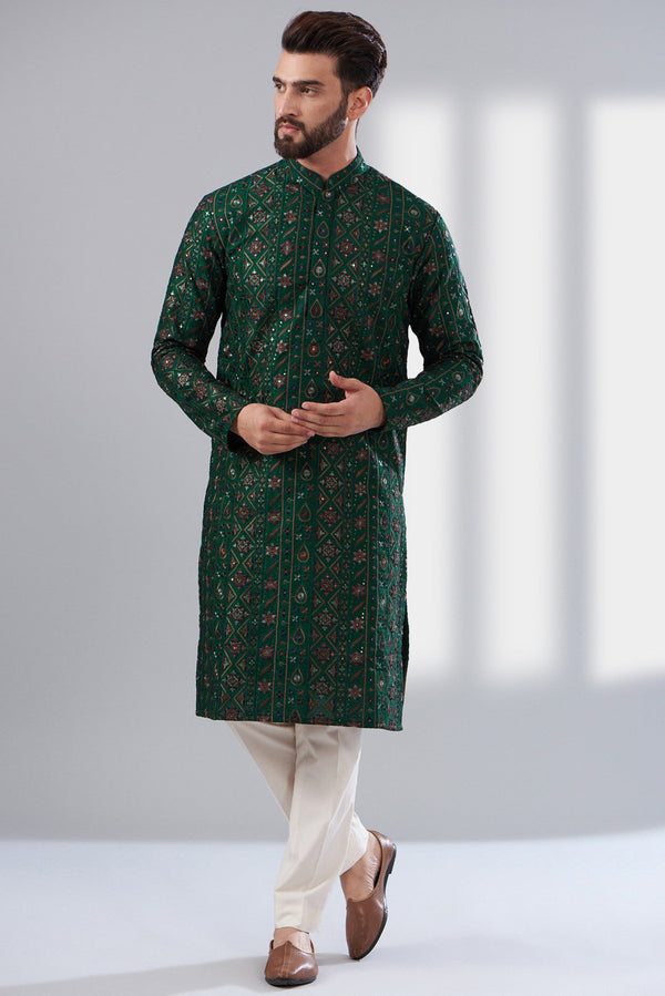 Bottle green multi thread work kurta