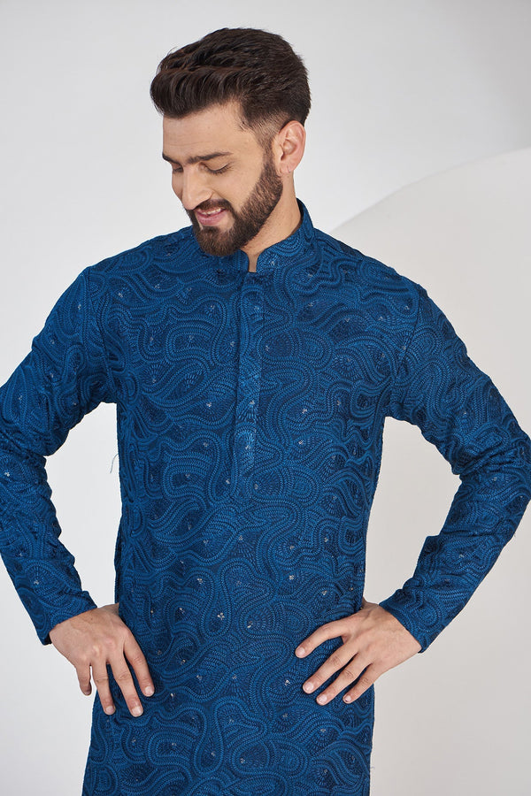 bright navy blue chikankari kurta