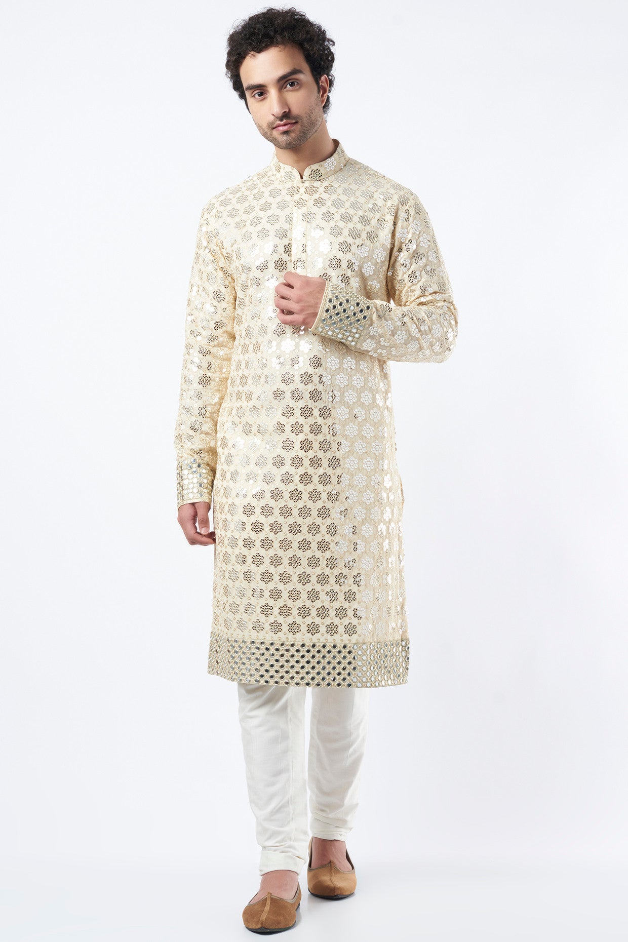 Beige-Gold Embroidered Kurta - kasbahmen