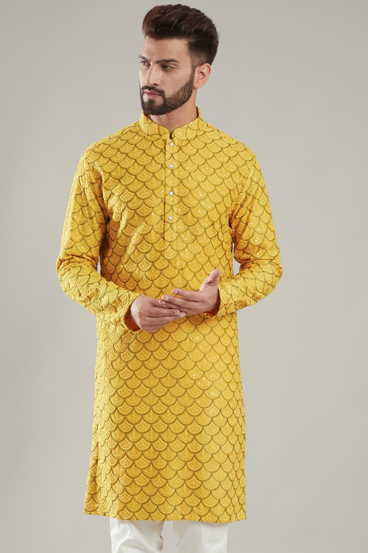 Mustard Silk Embroidered Kurta - kasbahmen