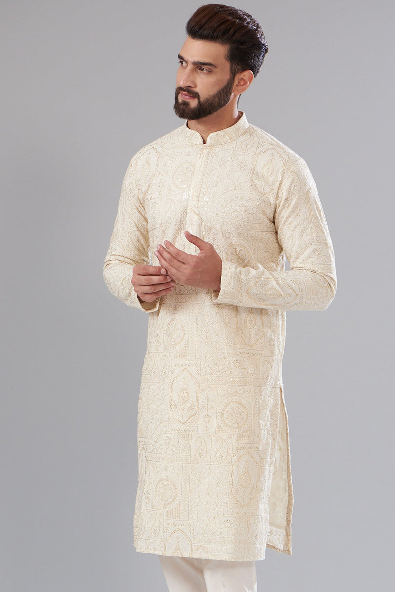 ivory kalmkari thread work kurta