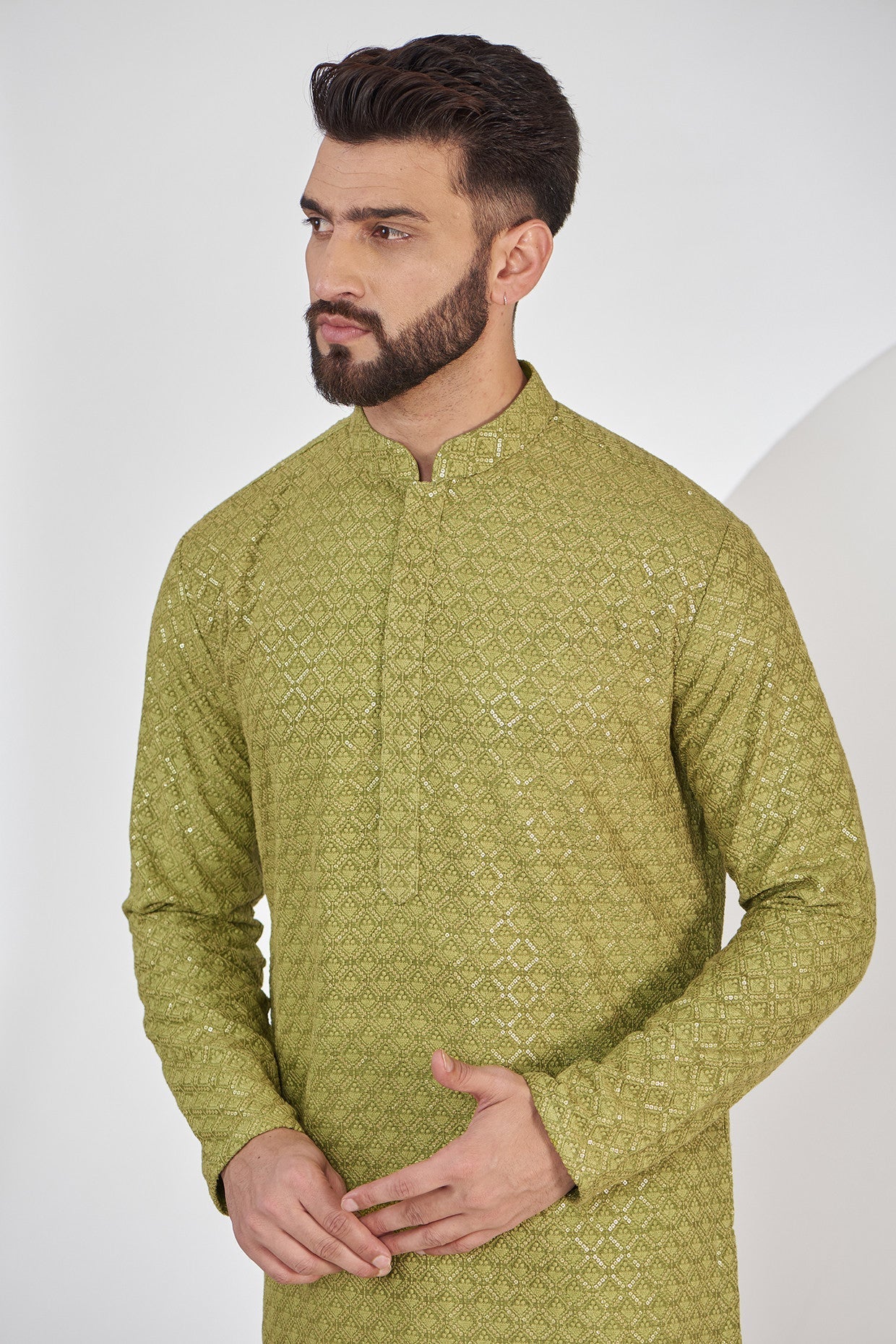 mehndi green sequeced kurta with intricate thread work - kasbahmen