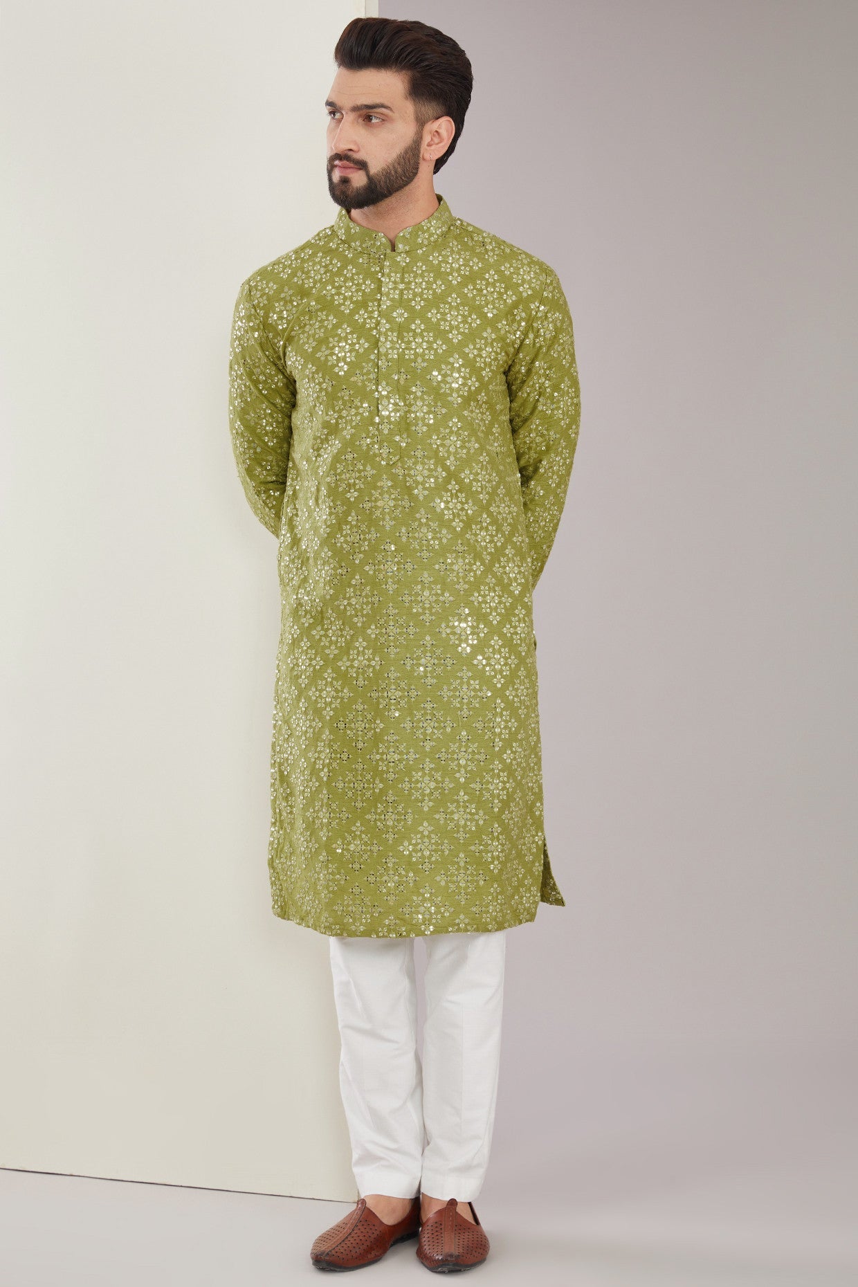 Signature Mehndi Green Mirrorwork Kurta - kasbahmen