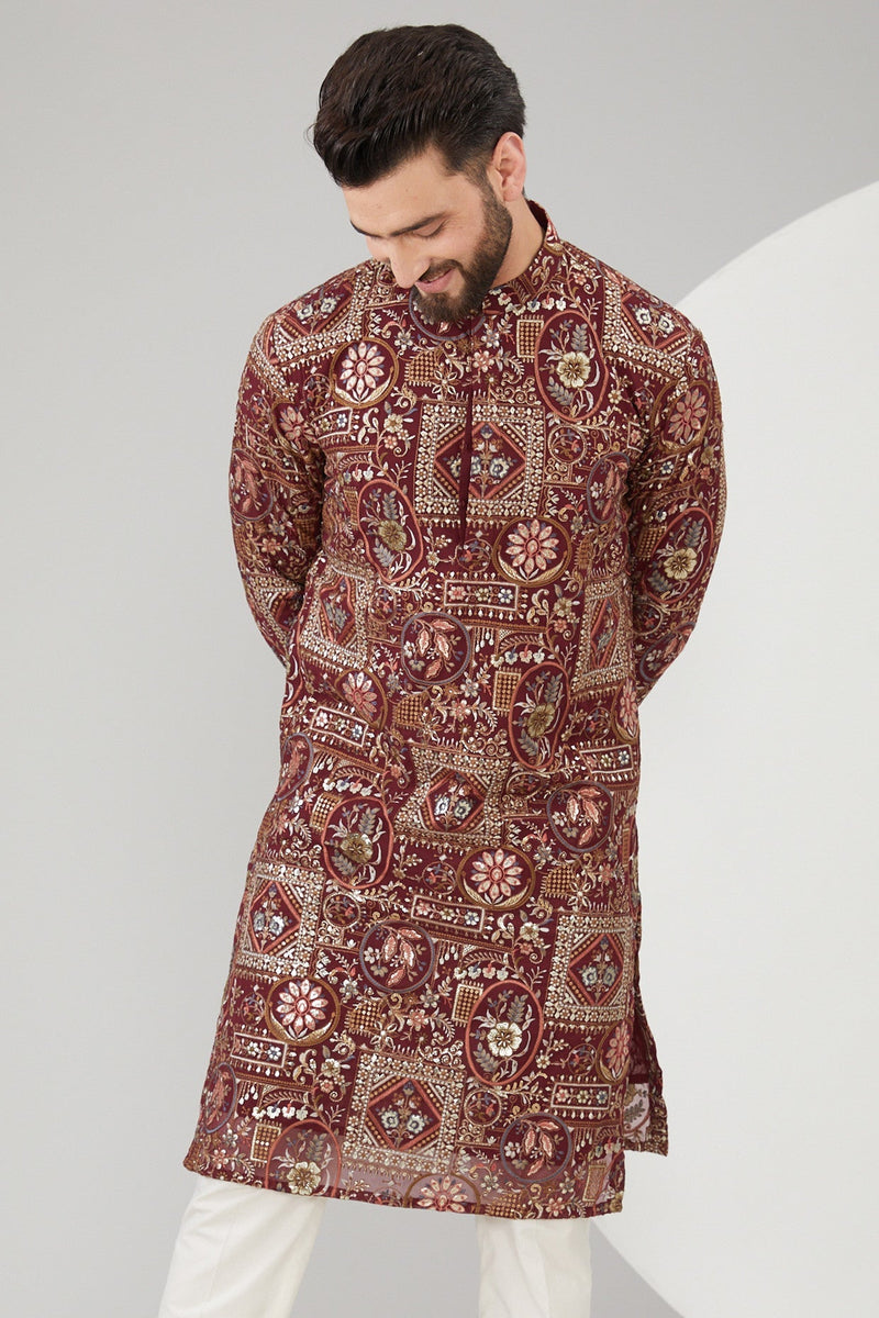 Maroon Georgette Floral Embroidered Kurta - kasbahmen