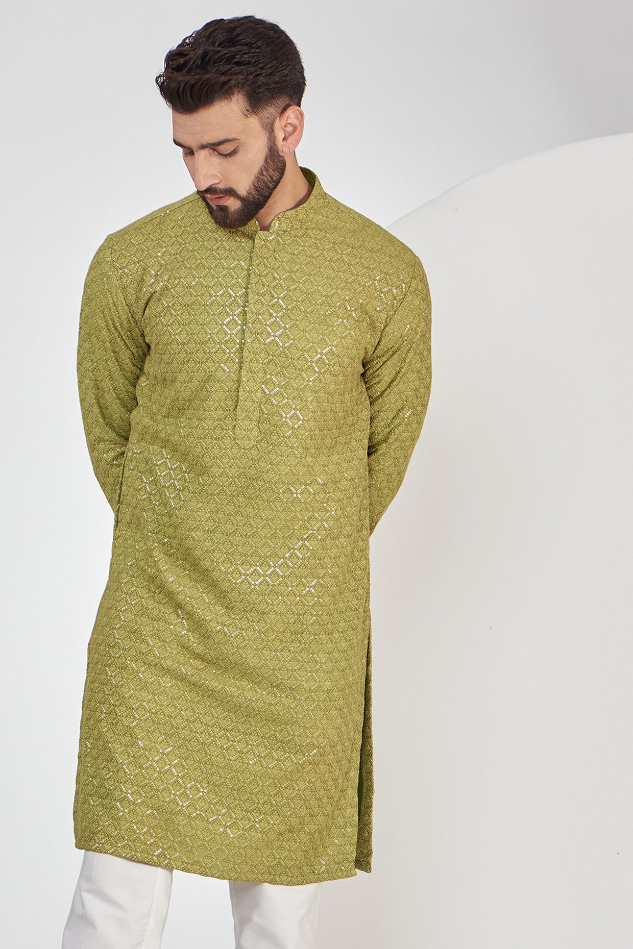 mehndi green sequeced kurta with intricate thread work - kasbahmen