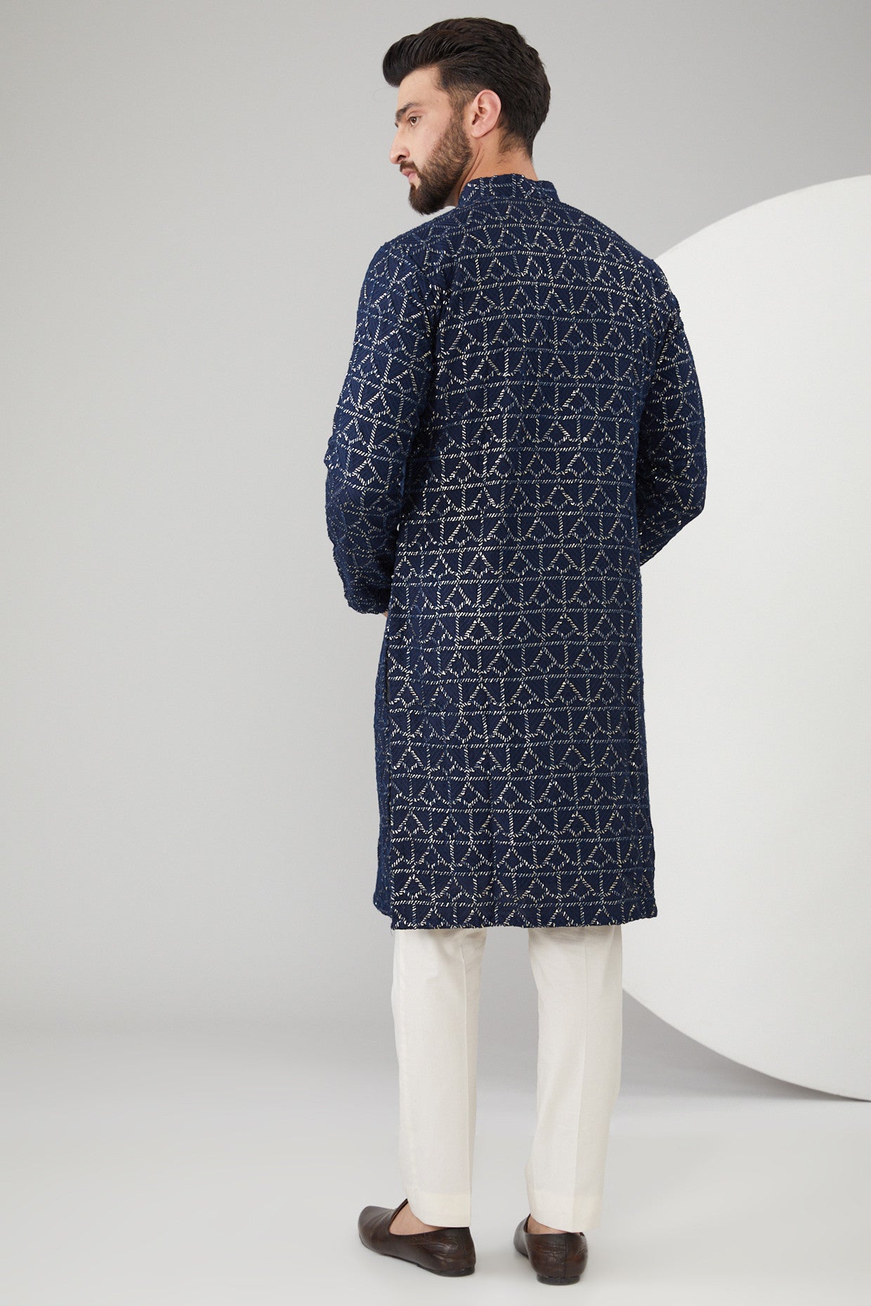 Navy Blue Silk Sequins Embroidered Kurta - kasbahmen