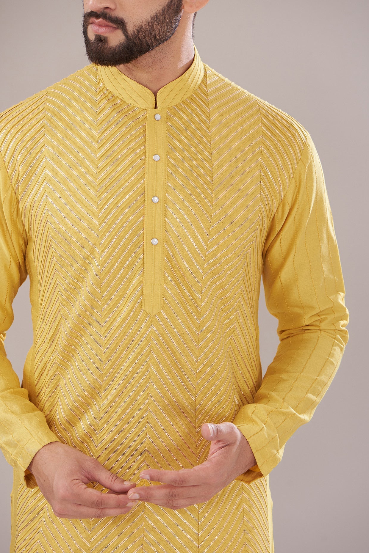 Yellow Slub Silk Embroidered Kurta - kasbahmen