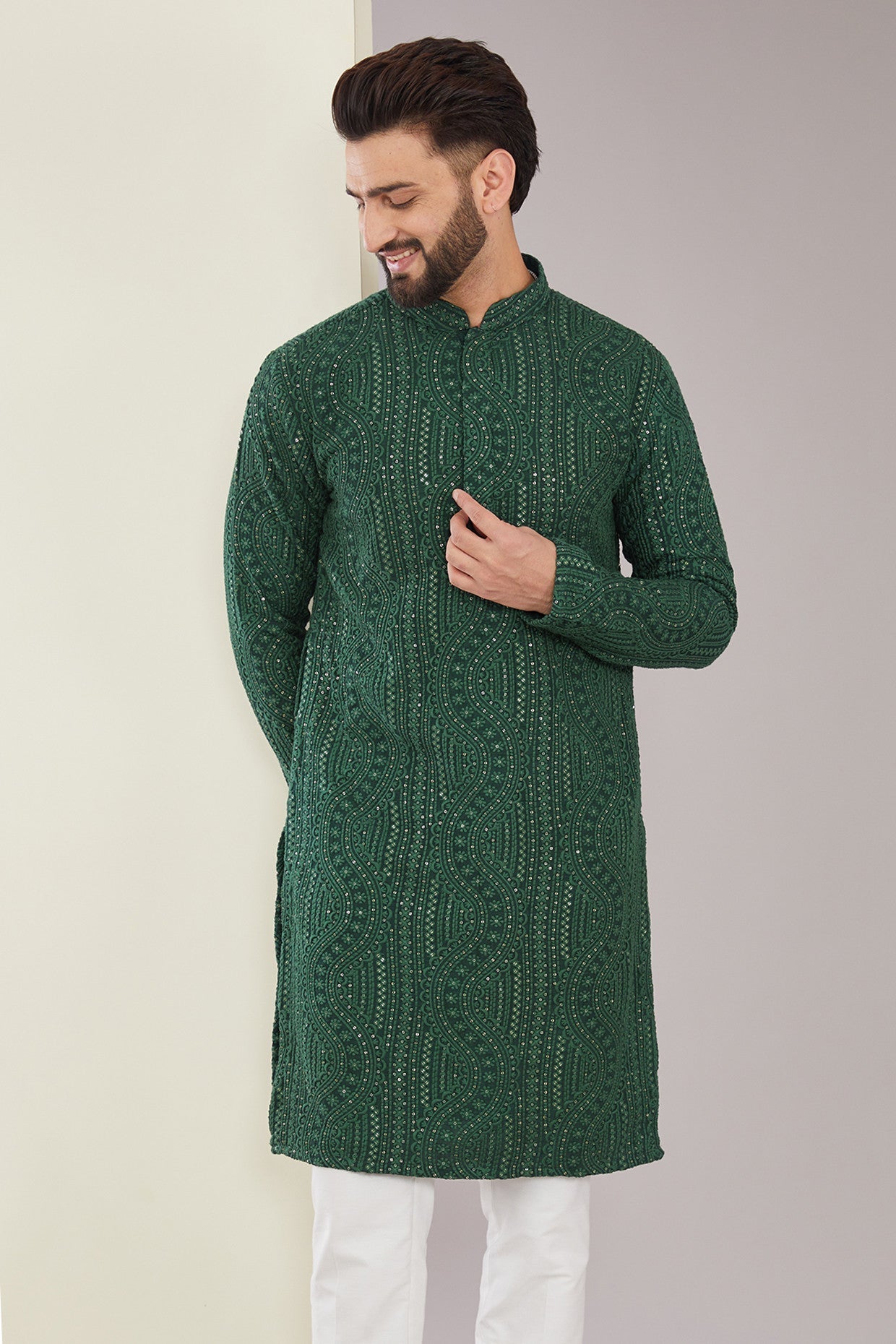 Bottle Green Chikankari Kurta - kasbahmen