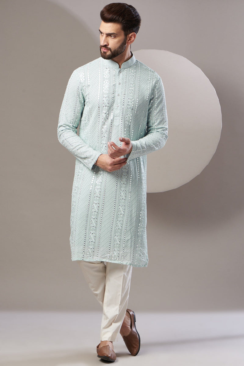 Formal powder blue mirror work kurta - kasbahmen