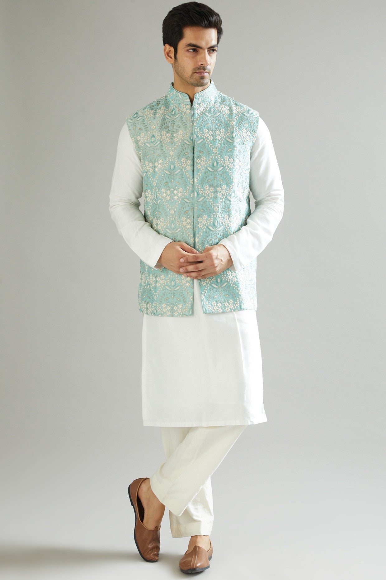 Sea Green Embroidered Nehru Jacket - kasbahmen