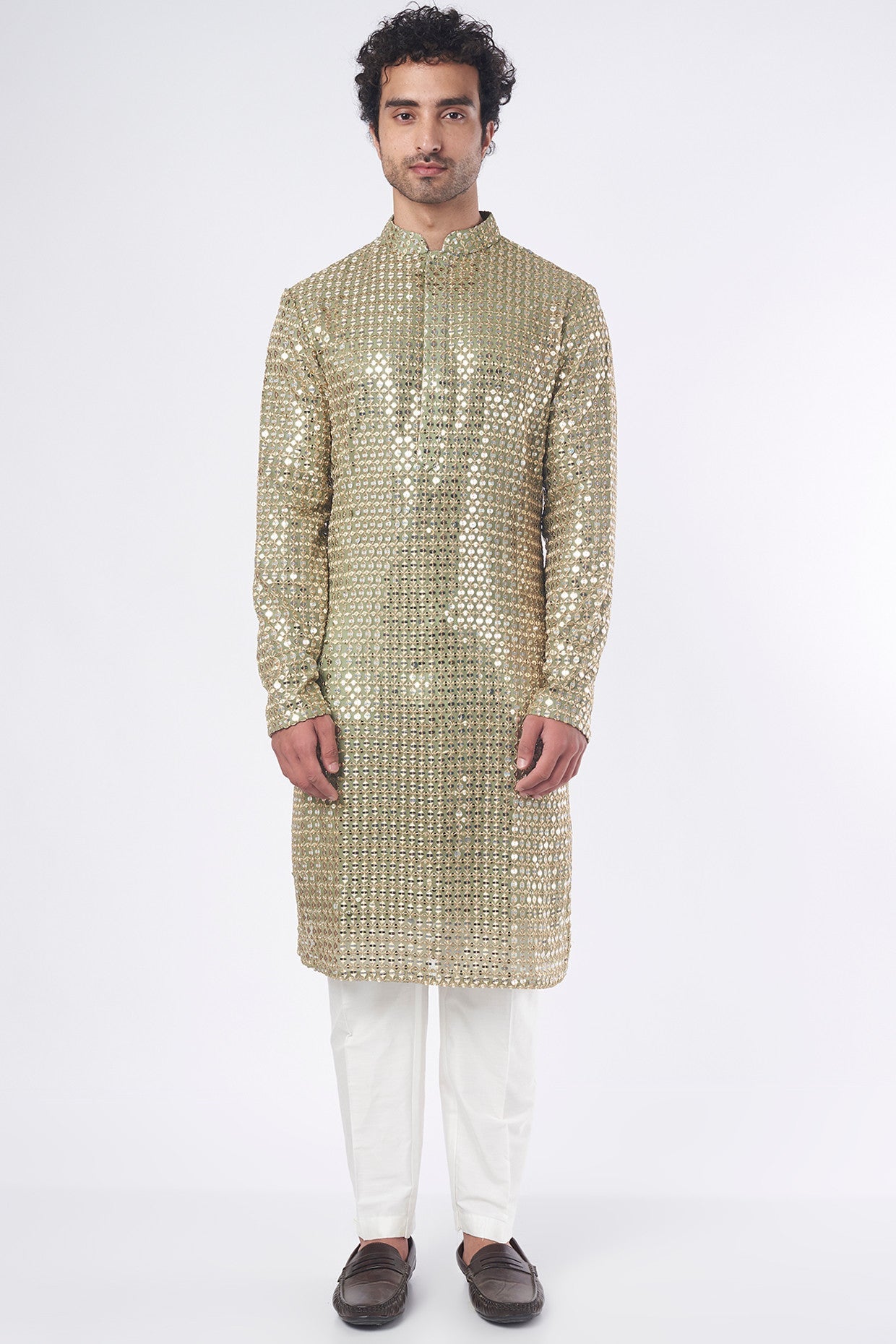 Mehendi Green Zari Embroidered Kurta - kasbahmen