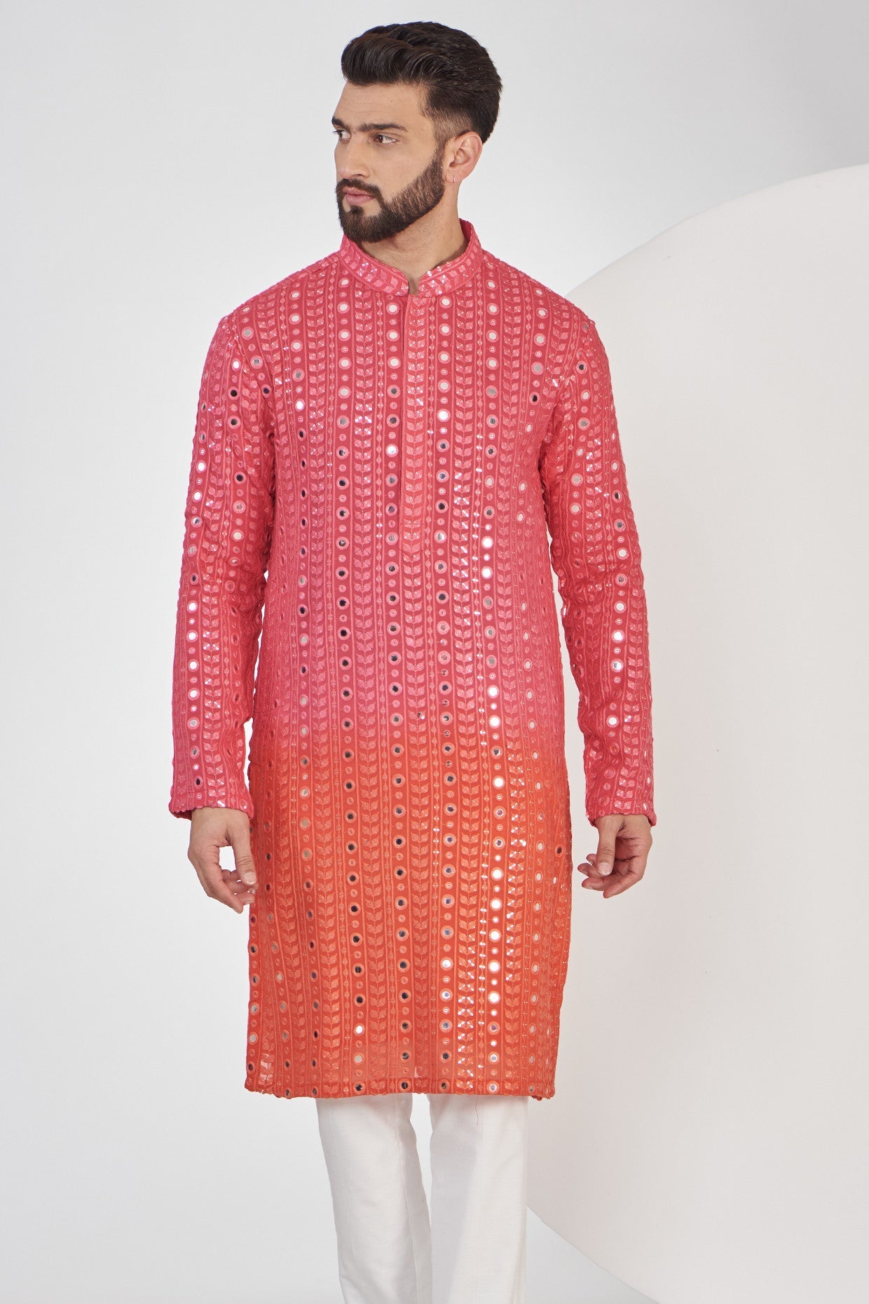 Pink and Orange Ombre shaded Mirrorwork Kurta - kasbahmen