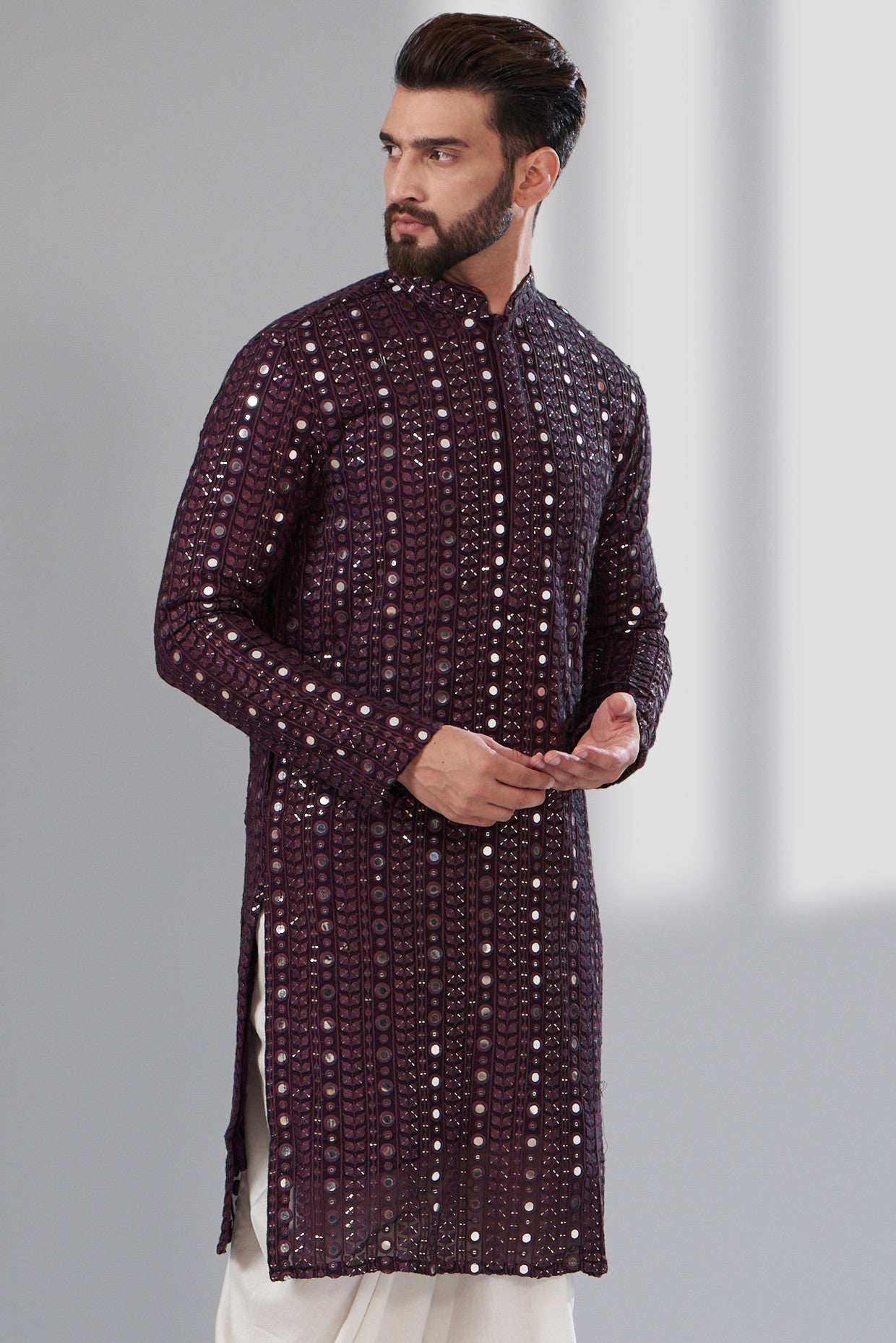 Signature wine Mirrorwork Kurta - kasbahmen