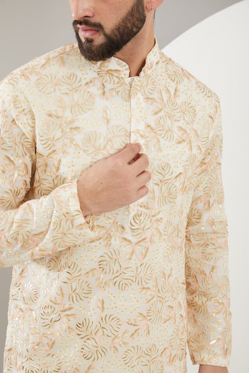 White and golden floral embroidered kurta - kasbahmen