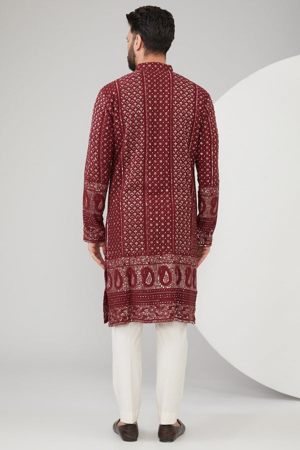 Maroon Georgette Thread Embroidered Chikankari Kurta