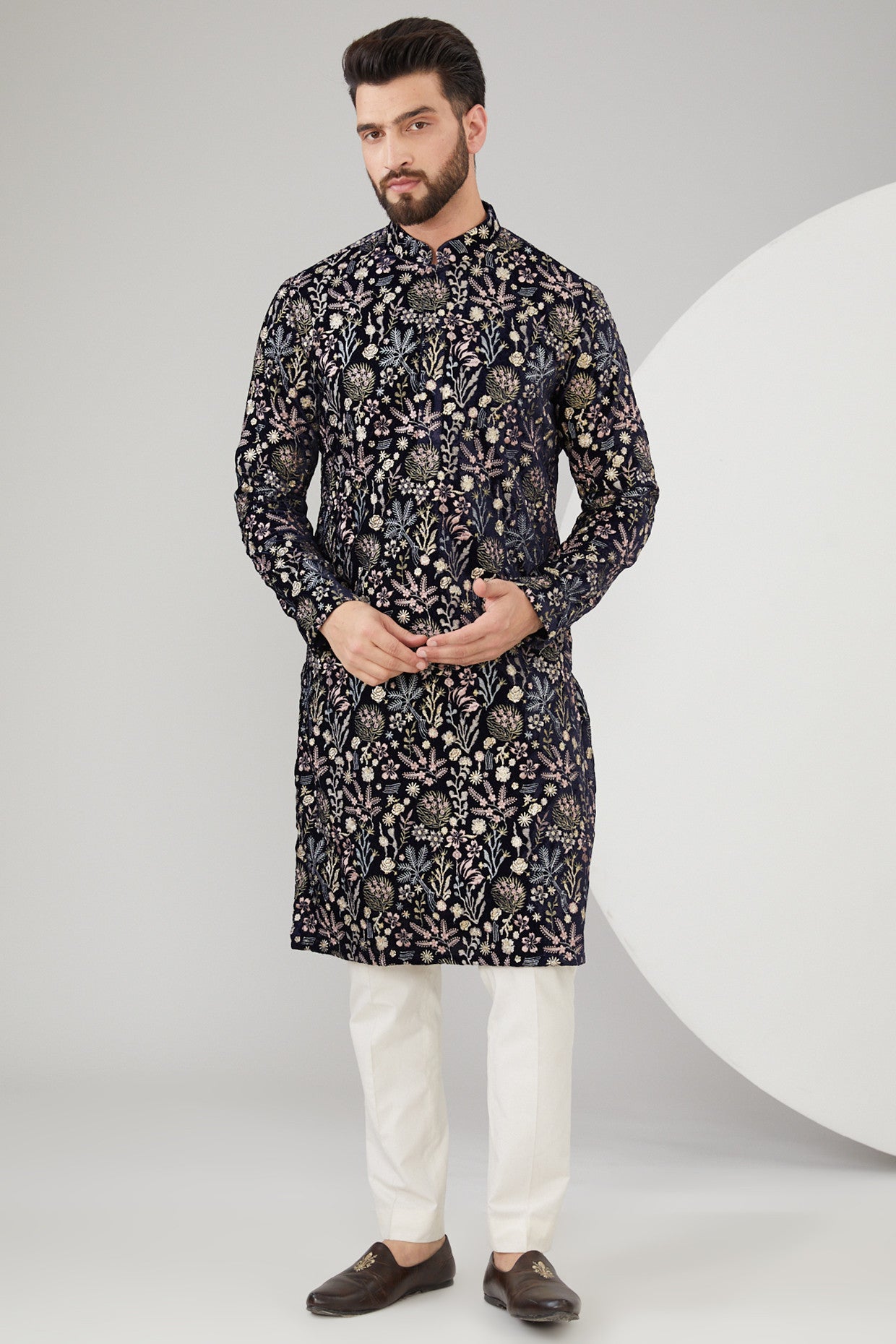 Navy Blue Velvet Floral Embroidered kurta - kasbahmen