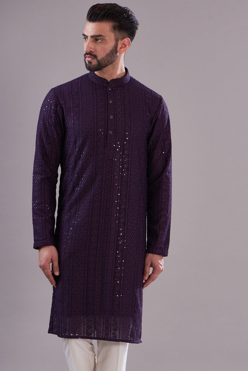 Wine chikankari kurta