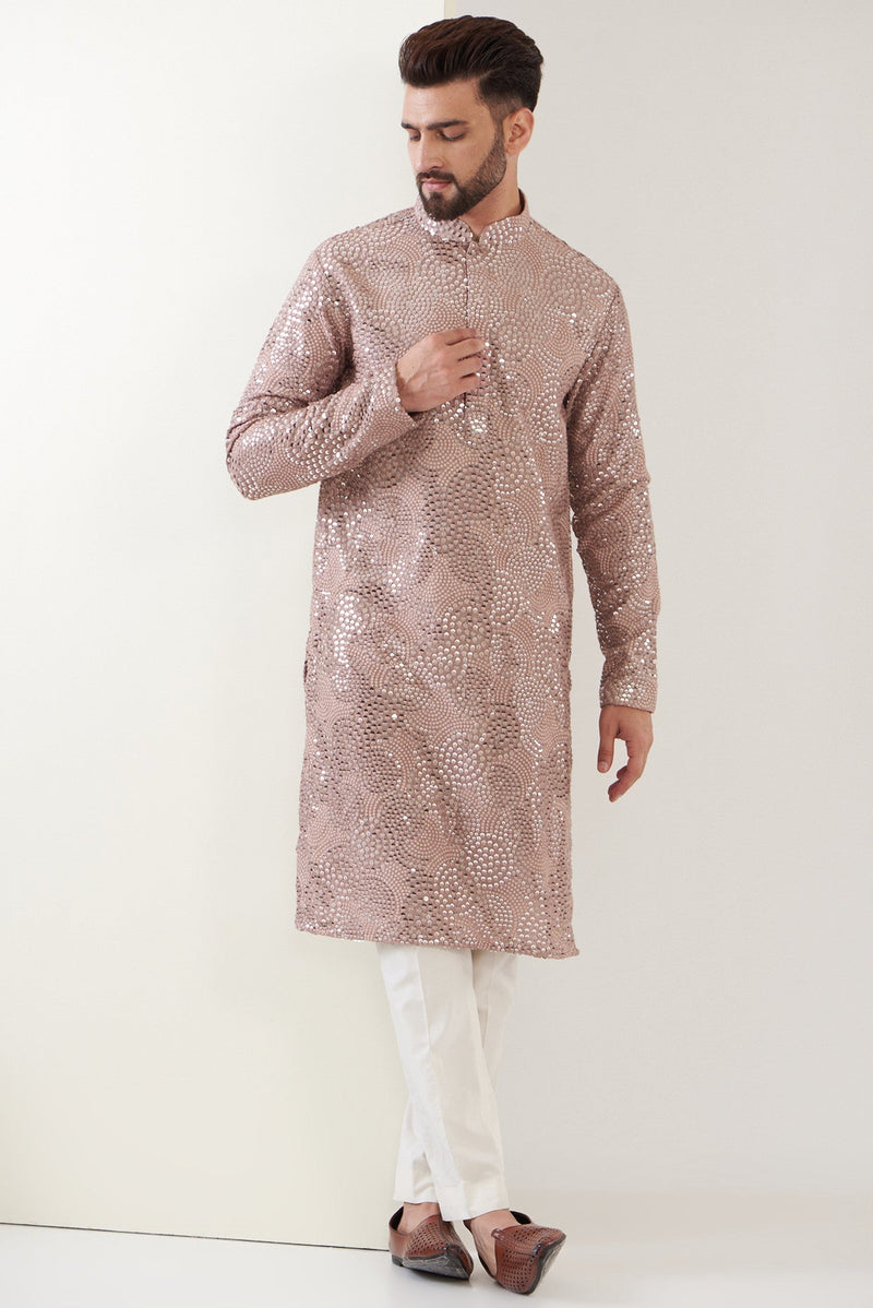 Mud pink sequenced kurta with detailed thread work - kasbahmen