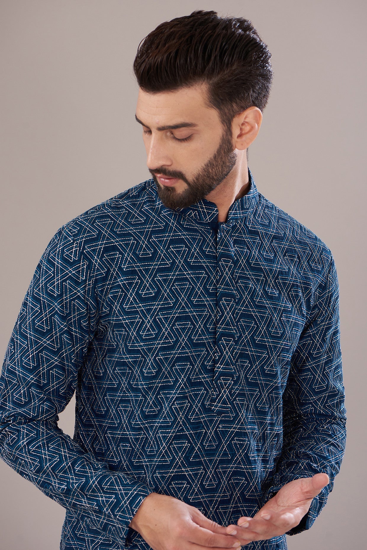 Navy Blue Silk Embroidered Kurta - kasbahmen