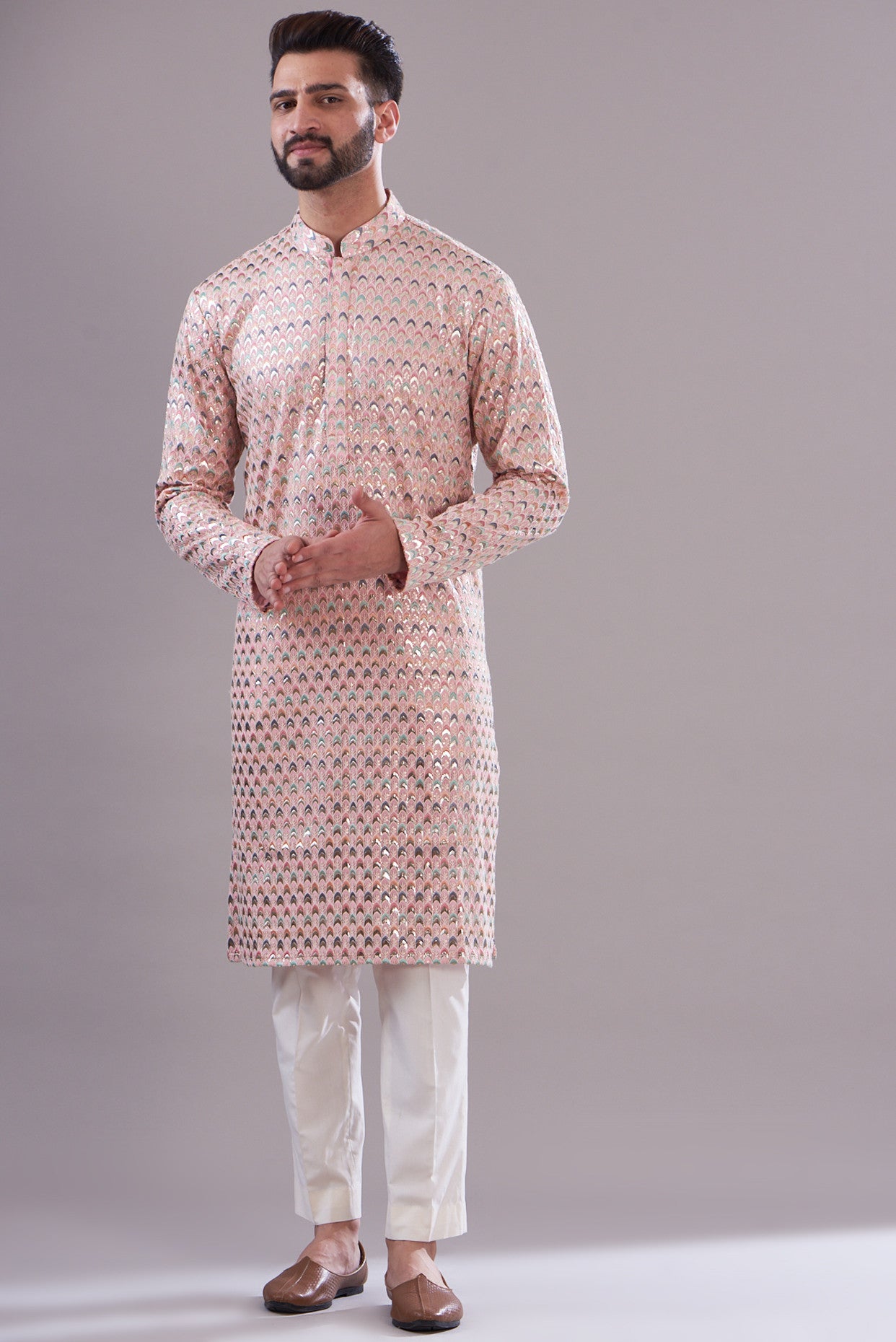 Pink multi thread work kurta - kasbahmen