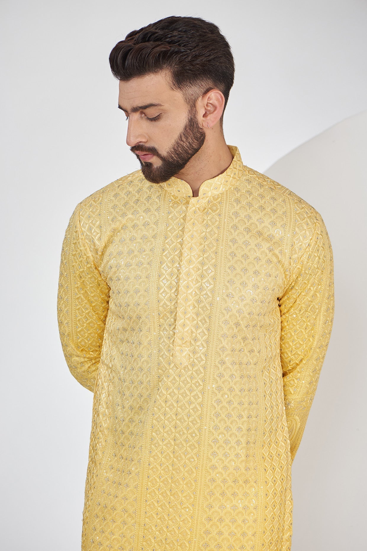 Light Yellow Ombre Shaded Chikankari Kurta - kasbahmen