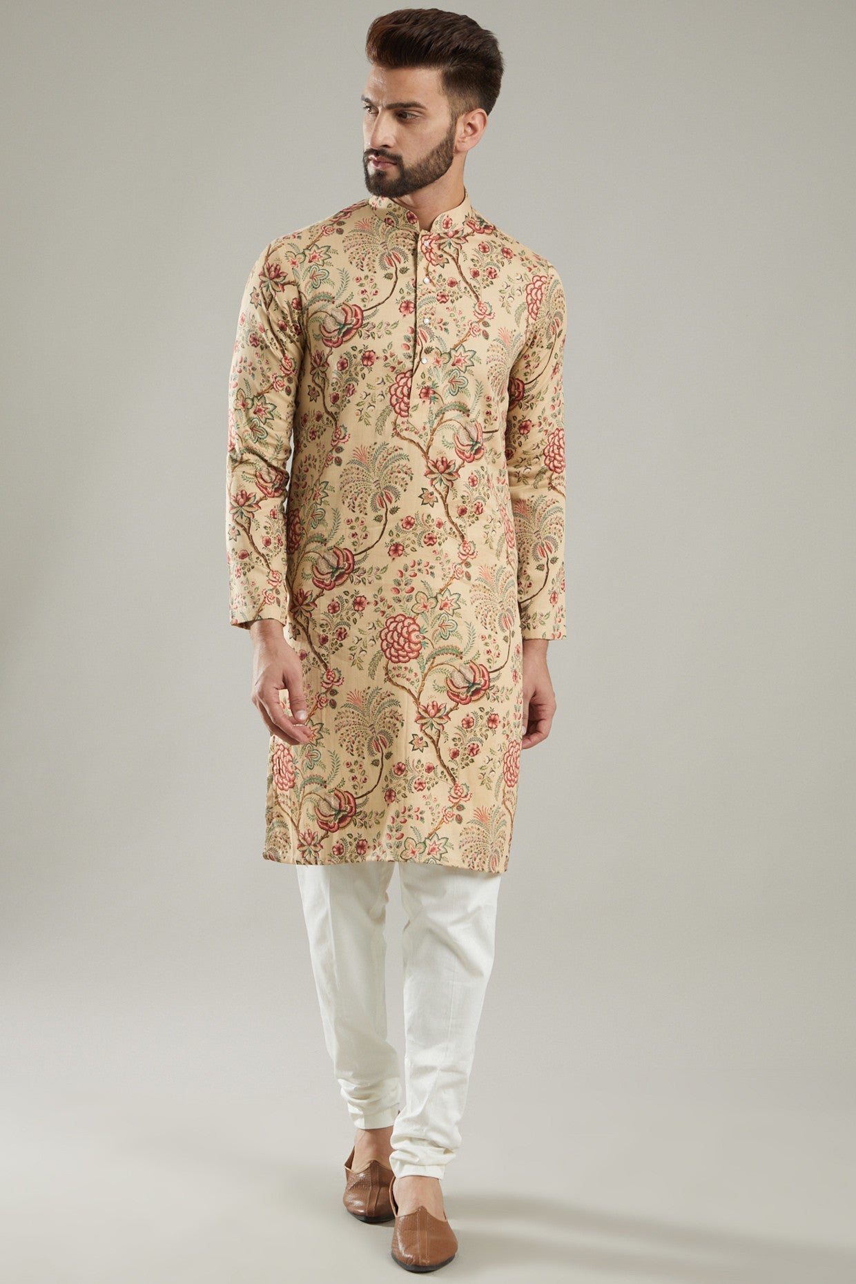 Nude Printed Jacket With Kurta - kasbahmen