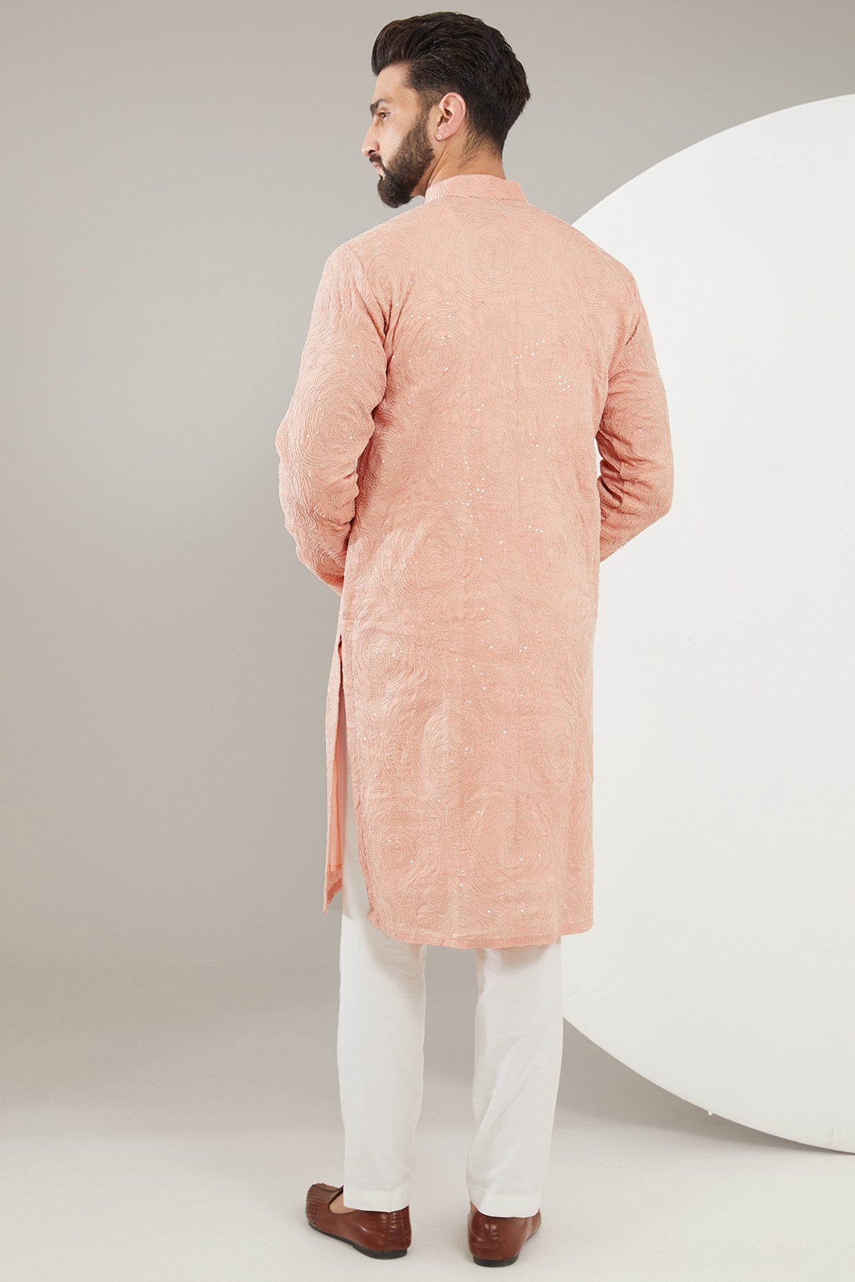 Peach Chikankari Kurta with Intricate Floral Embroidary - kasbahmen