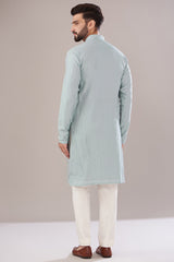 Sierra Blue Slub Silk Embroidered Kurta - kasbahmen