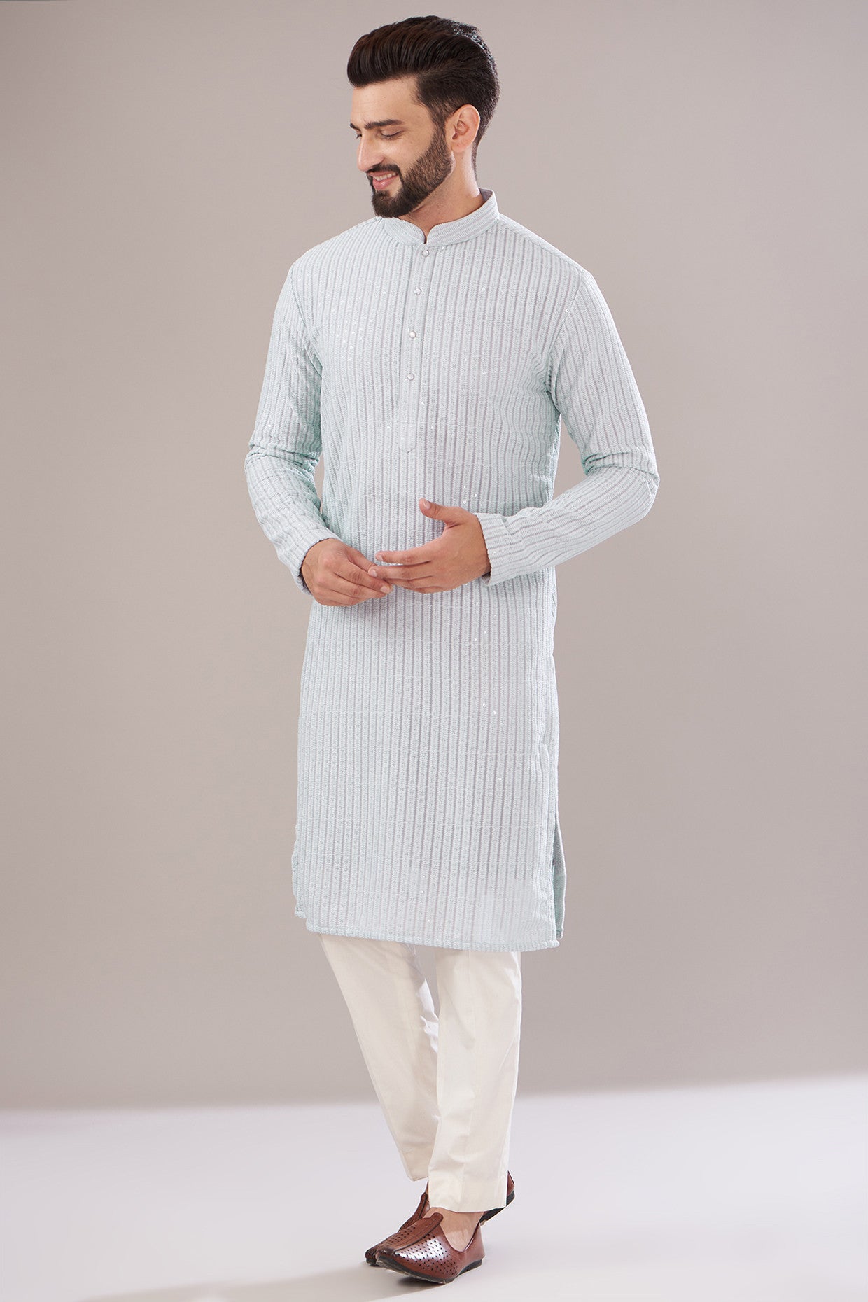 Powder Blue Georgette Embroidered Kurta - kasbahmen