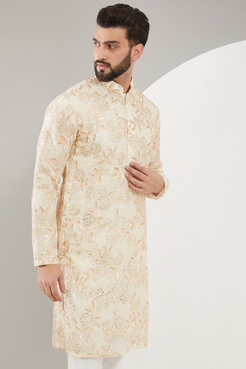 White and golden floral embroidered kurta - kasbahmen