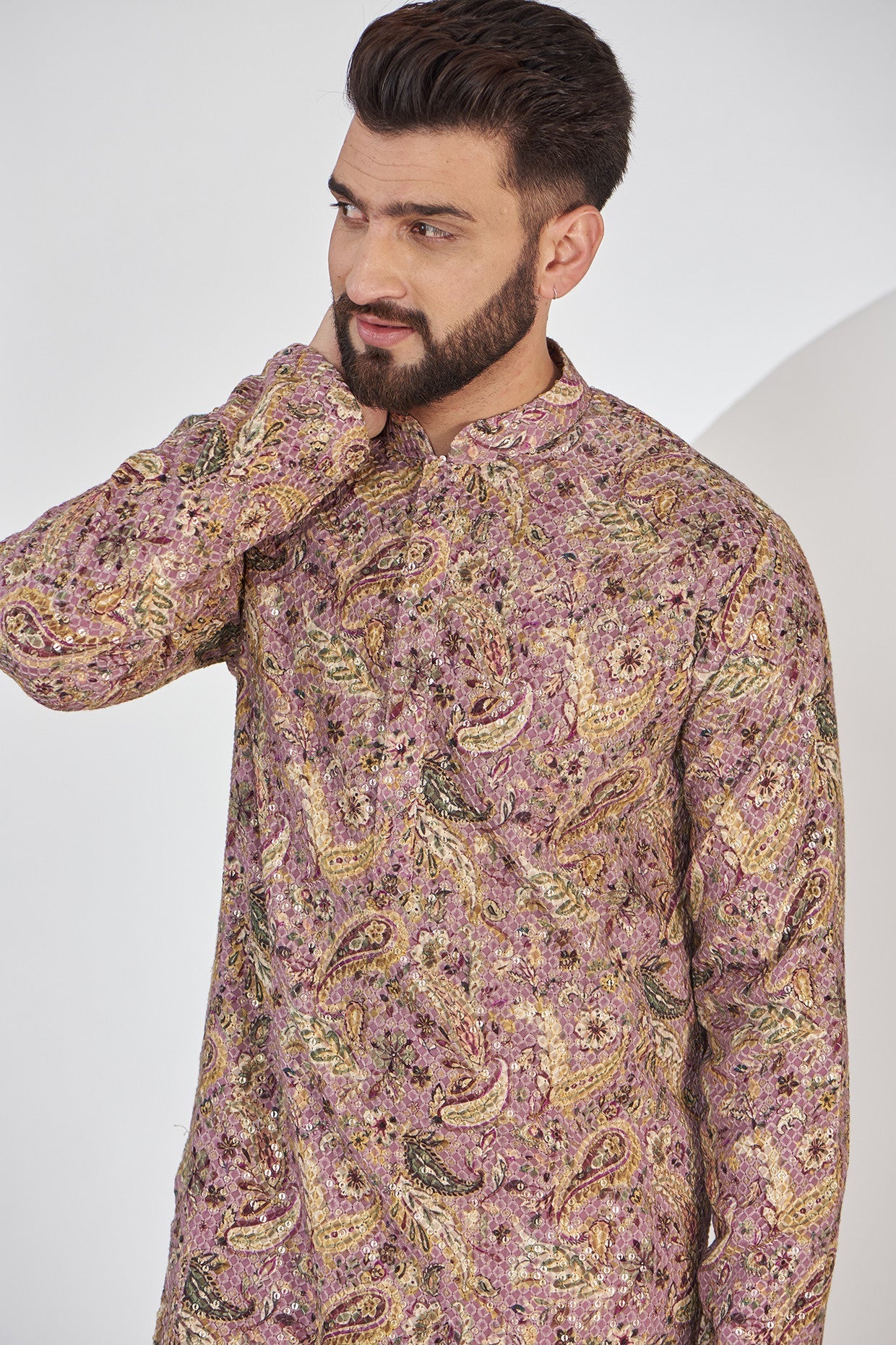 Purple and yellow embroidered kurta on print - kasbahmen