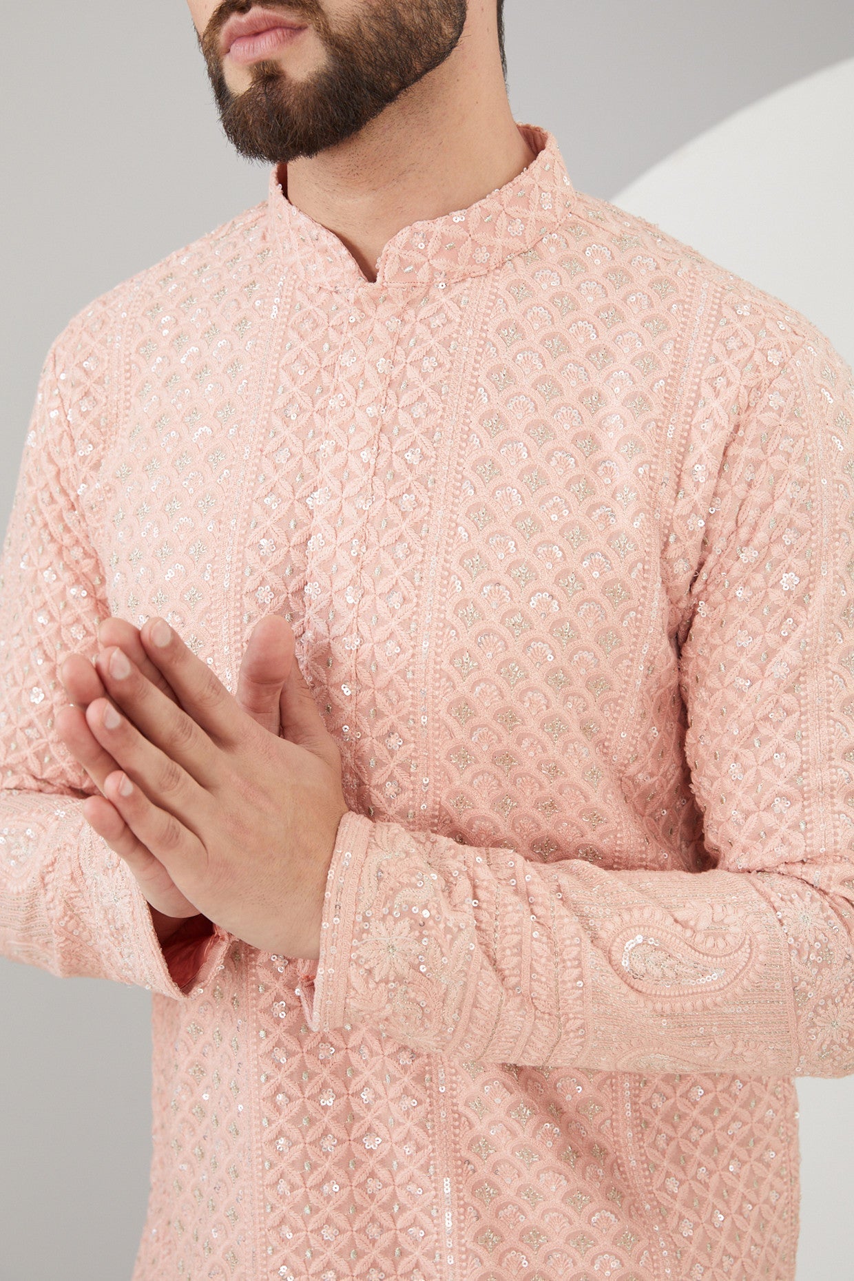 Peach Georgette Thread Embroidered Chikankari Kurta - kasbahmen