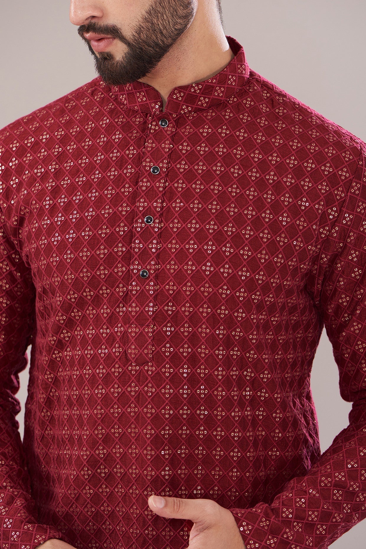 Red Silk Embroidered Kurta - kasbahmen