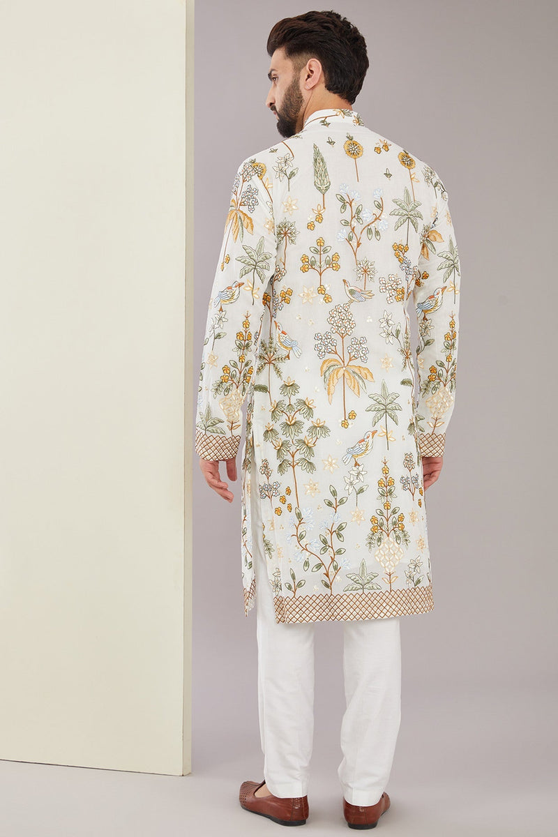 White Floral Embroidered Kurta - kasbahmen