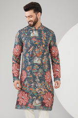 Teal Blue Georgette Floral Embroidered Kurta