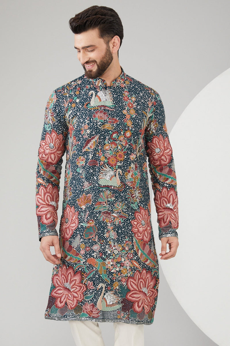 Teal Blue Georgette Floral Embroidered Kurta