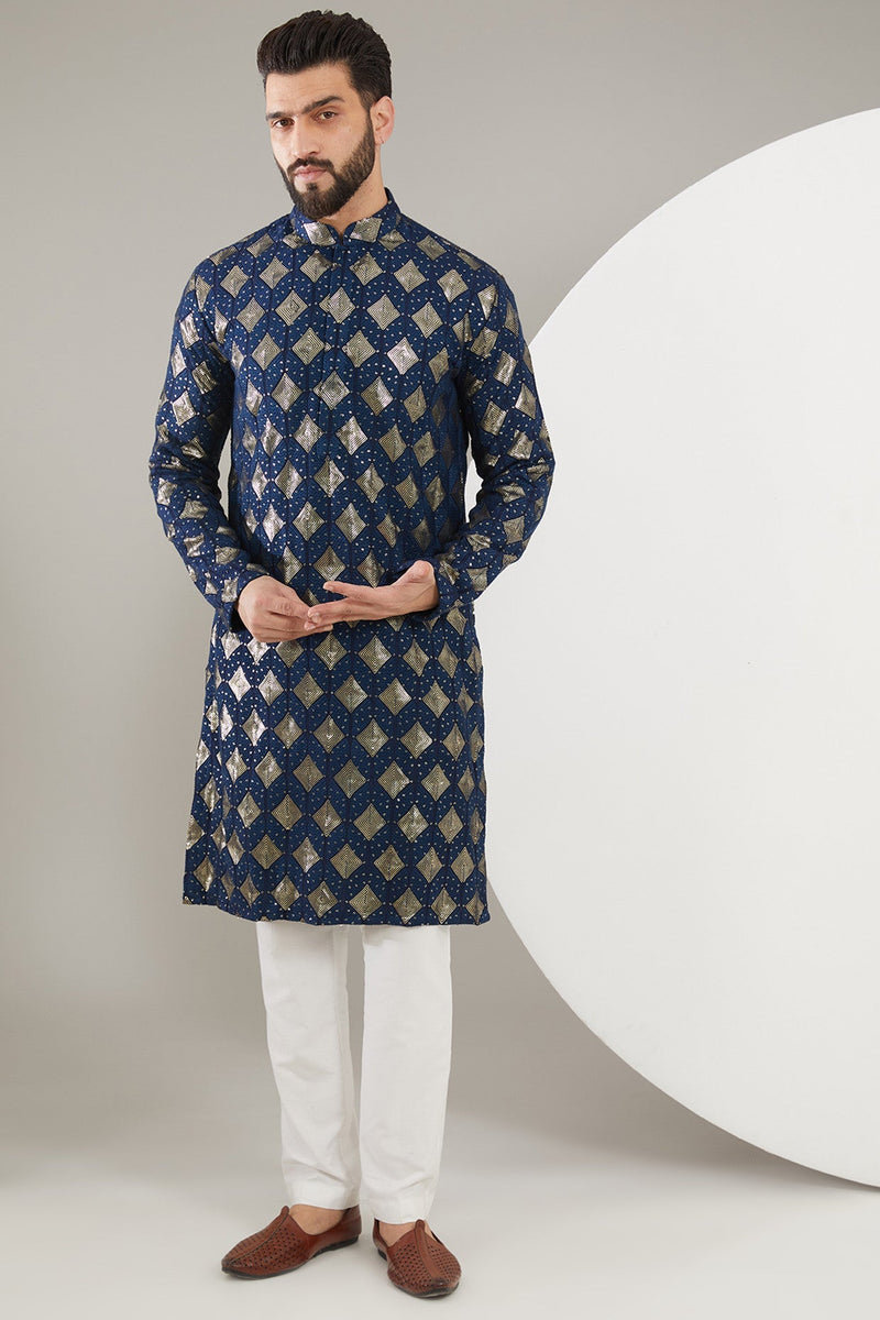 Navy Blue Heavy Threadwork Kurta