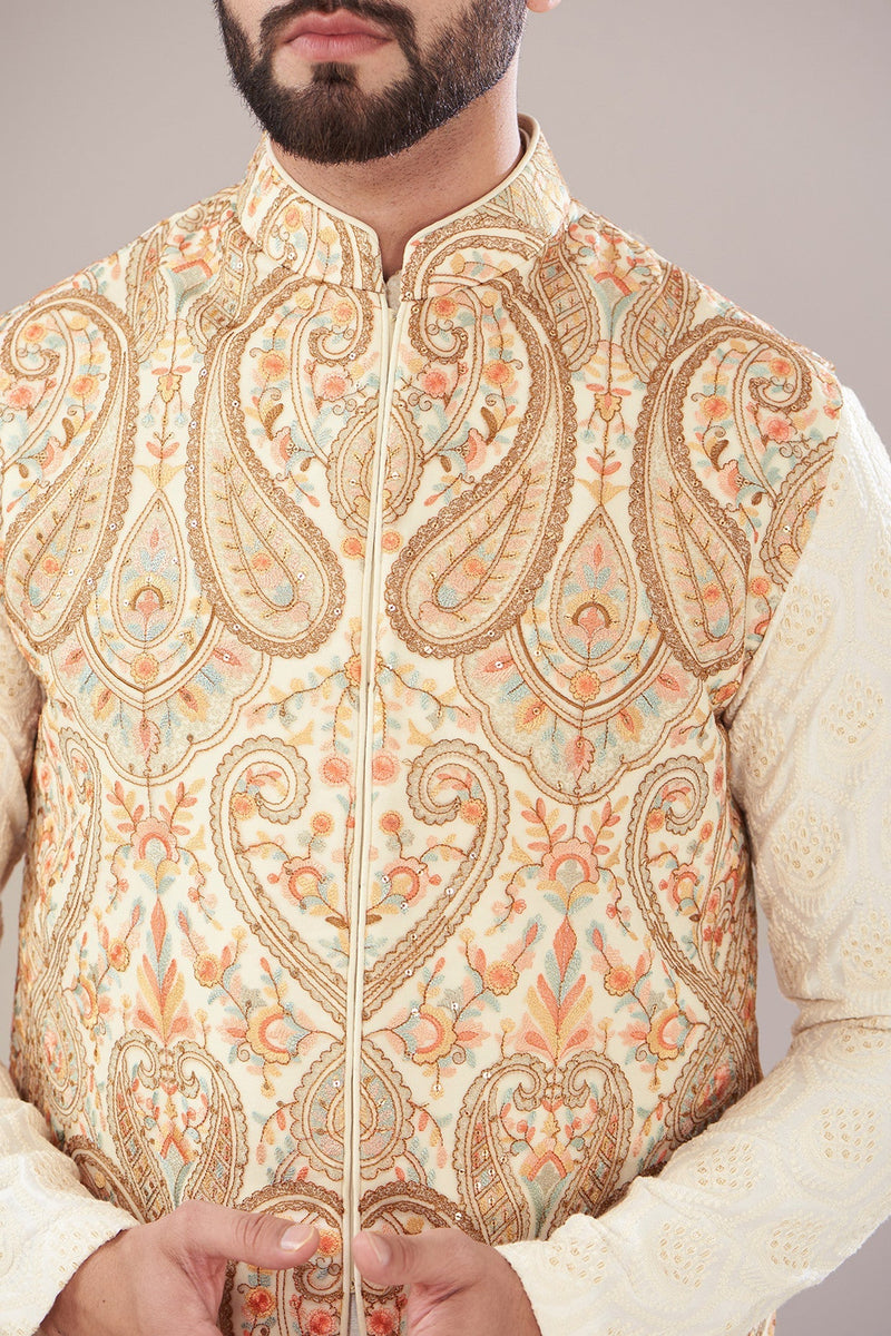 Ivory Georgette Embroidered Nehru Jacket - kasbahmen