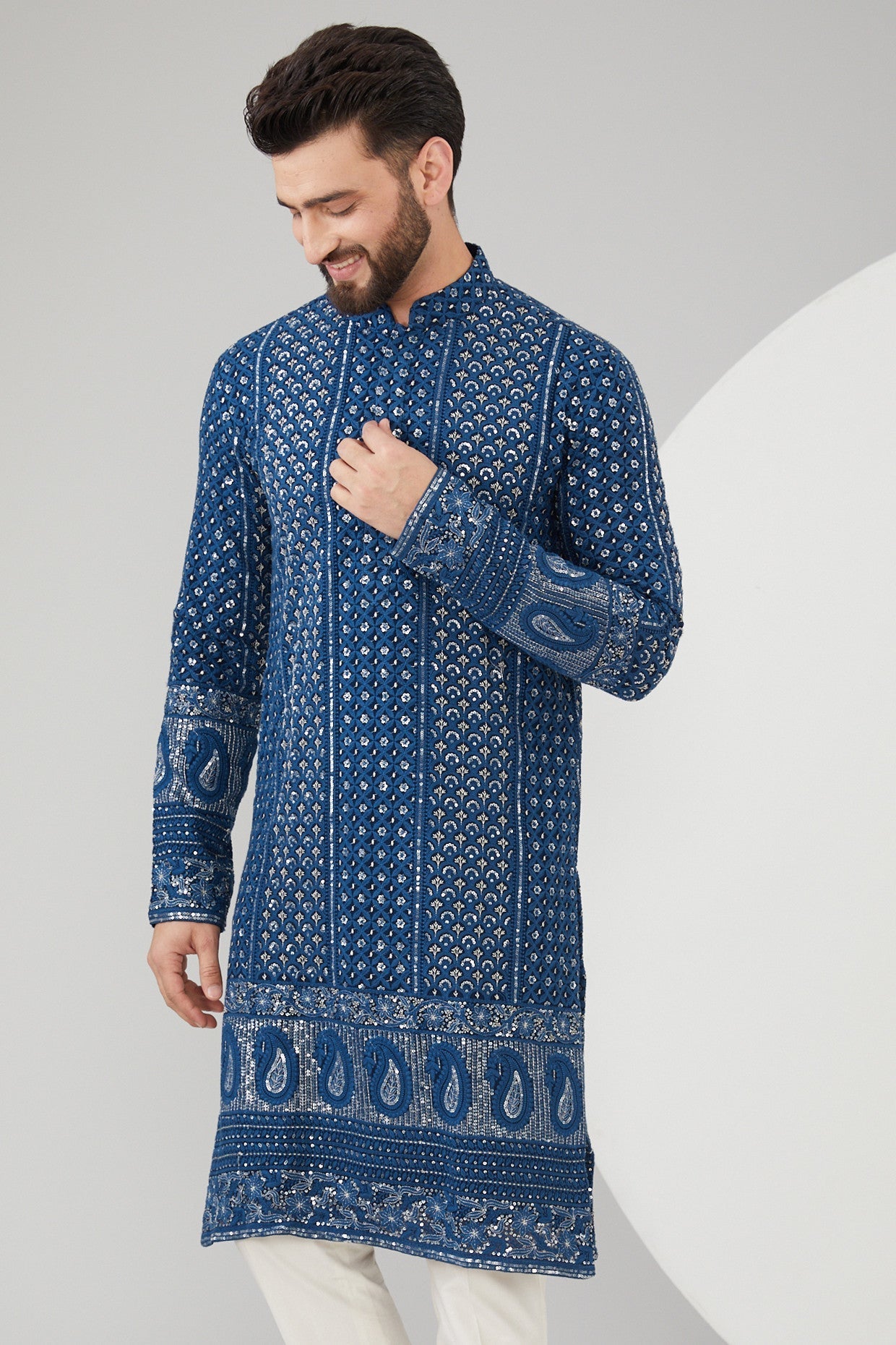 Navy Blue Georgette Thread Embroidered Chikankari Kurta - kasbahmen