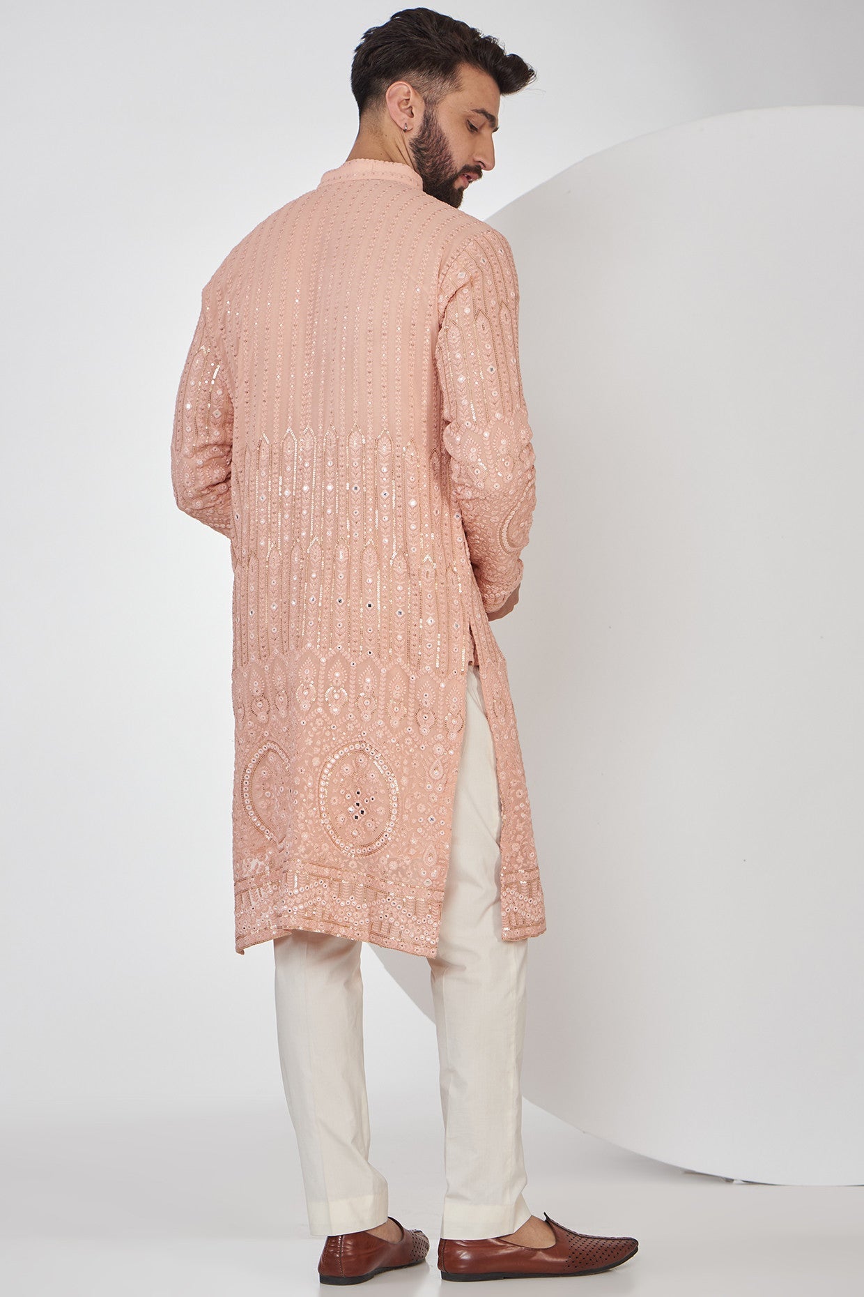 Peach Chikankari Kurta with intricate border embroidery - kasbahmen