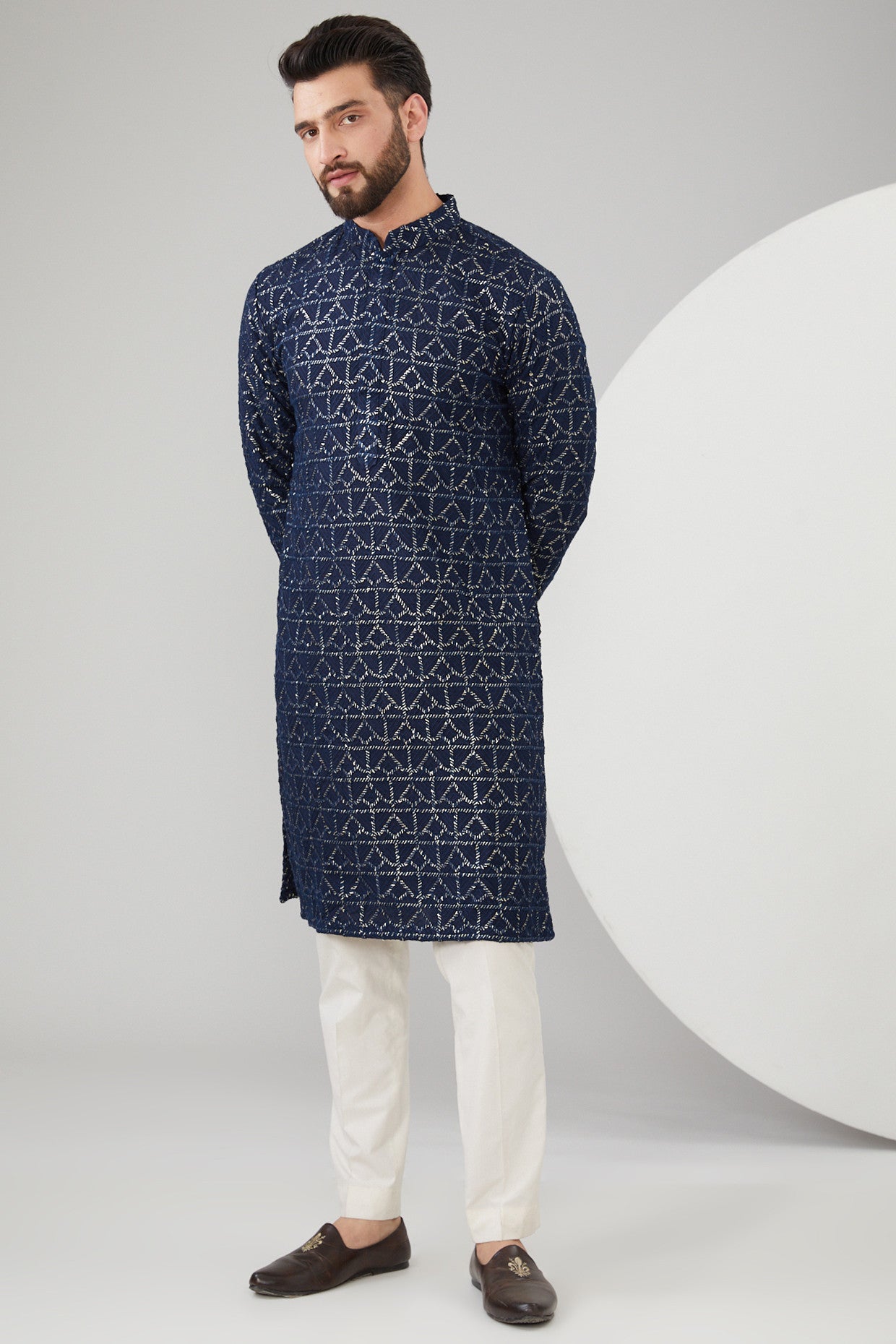 Navy Blue Silk Sequins Embroidered Kurta - kasbahmen