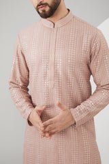 Mud Pink Slub Silk Thread Work Kurta - kasbahmen