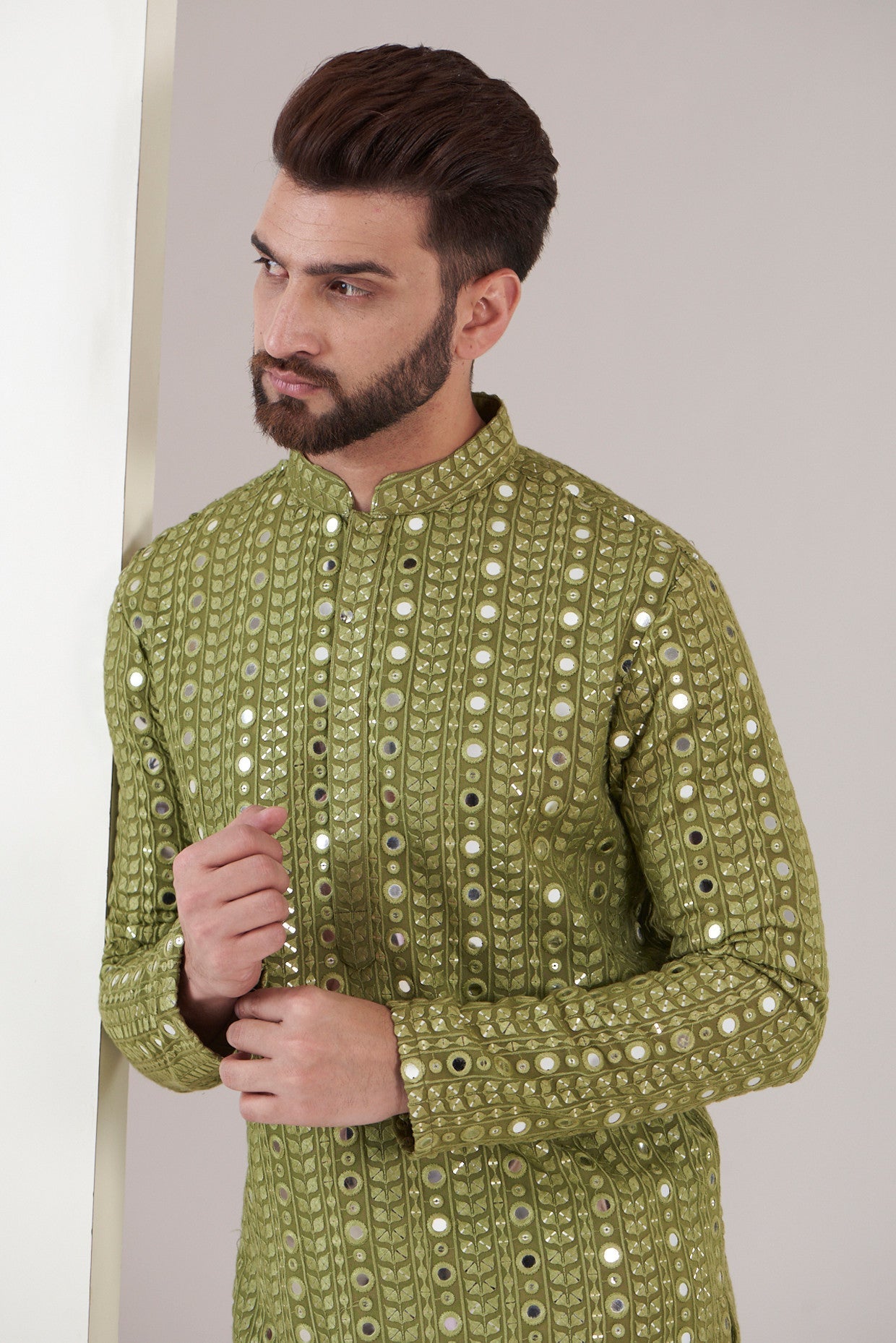 Mehandi green mirror work kurta - kasbahmen