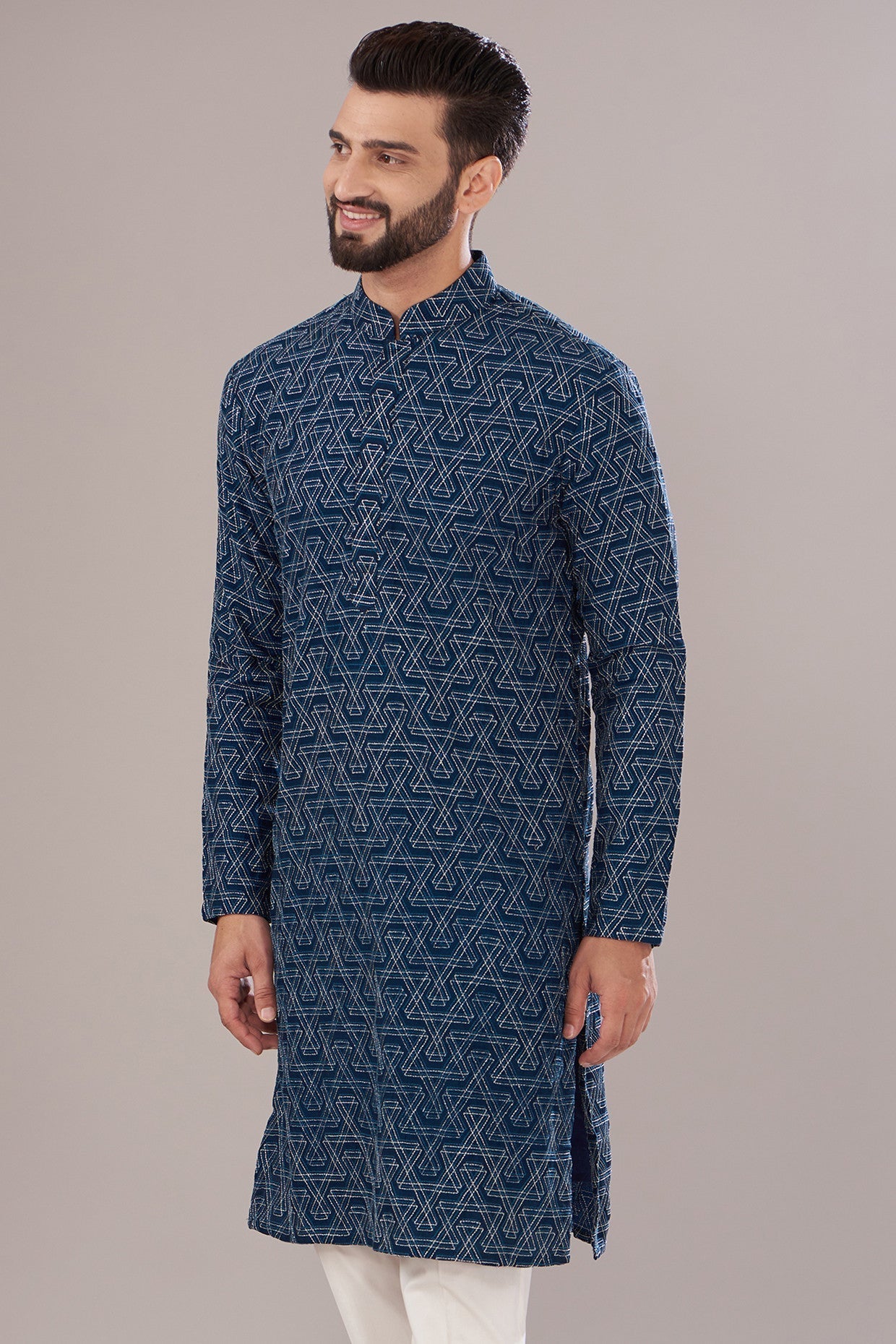 Navy Blue Silk Embroidered Kurta - kasbahmen