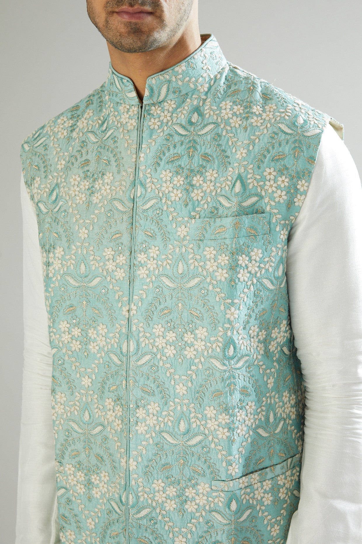 Sea Green Embroidered Nehru Jacket - kasbahmen