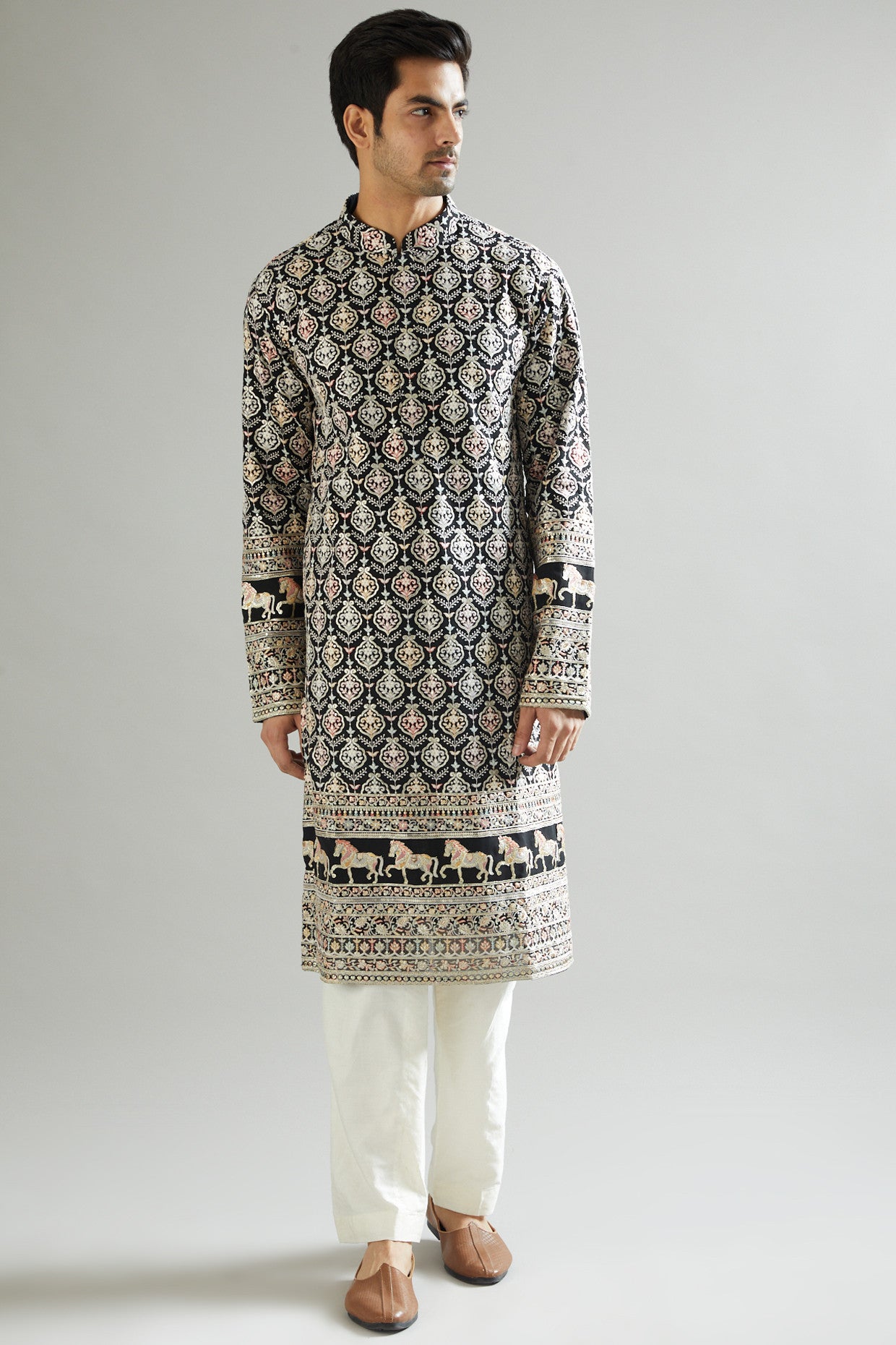 Black Kurta With Multi-Colored Thread Embroidery - kasbahmen